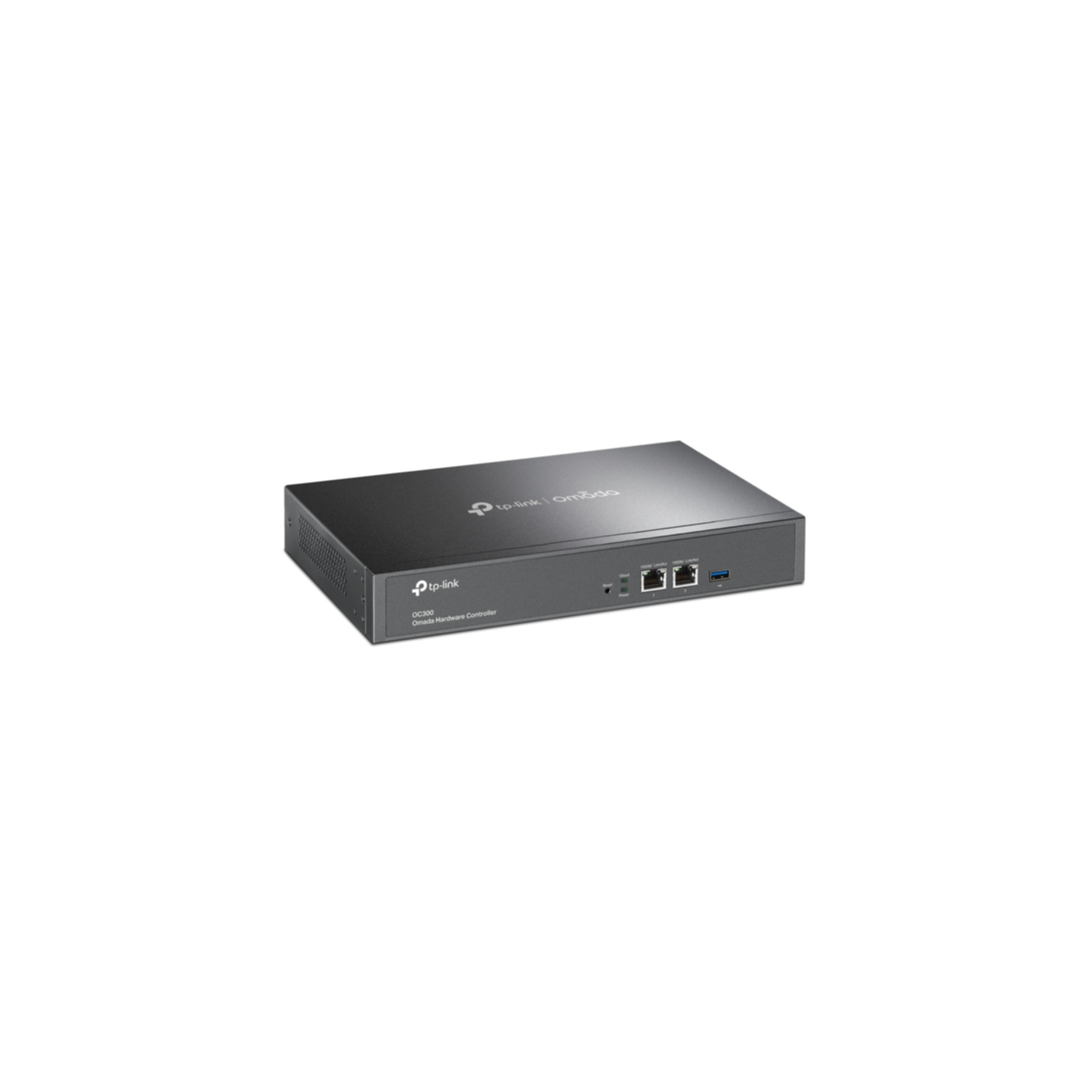 Zwarte TP-Link Omada hardware controller op een witte achtergrond.