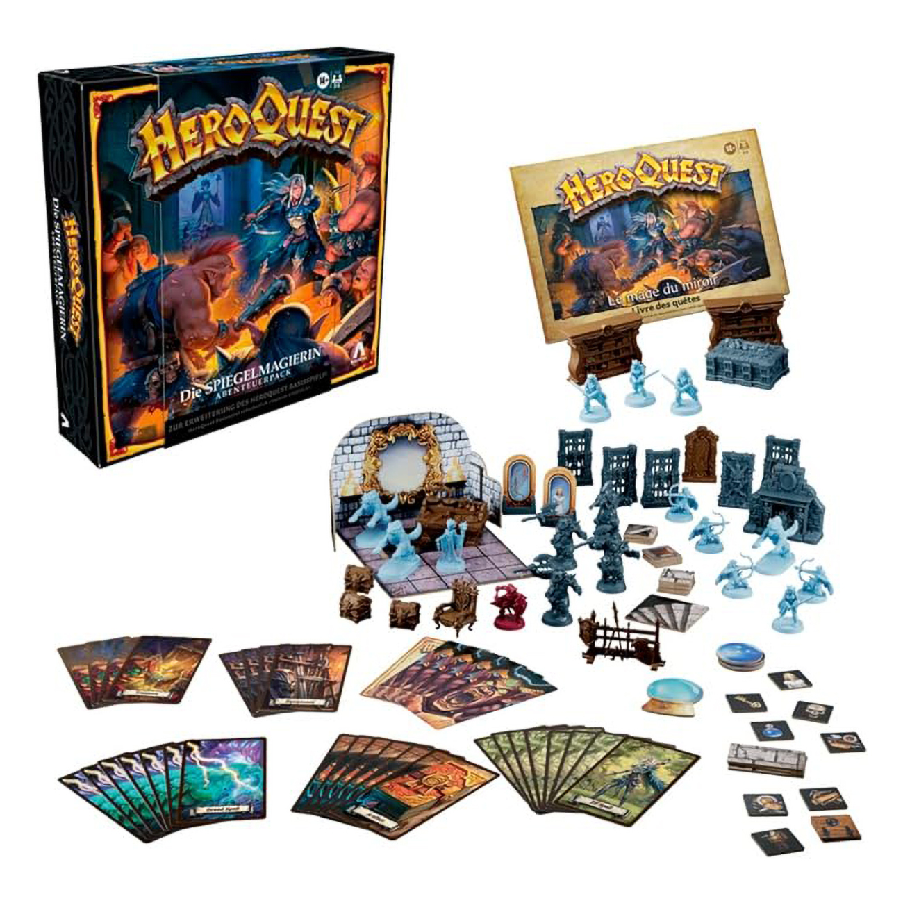 HeroQuest Brettspiel-Set mit Karten, Figuren, Spielbrettteilen und Spielbox.