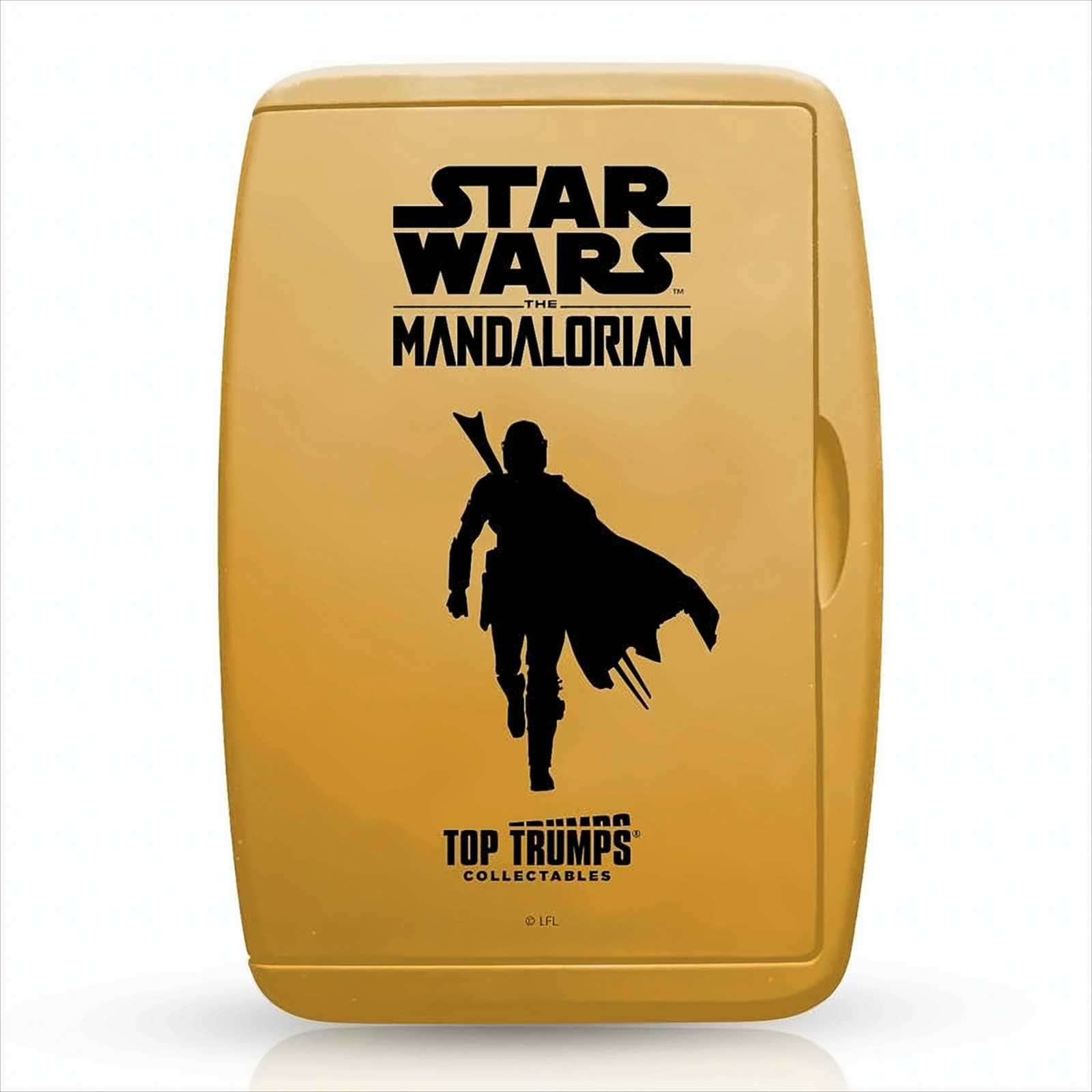 Goldfarbenes Etui mit Star Wars Mandalorian-Bild. Eine schwarze Silhouette der Figur ist vorne.