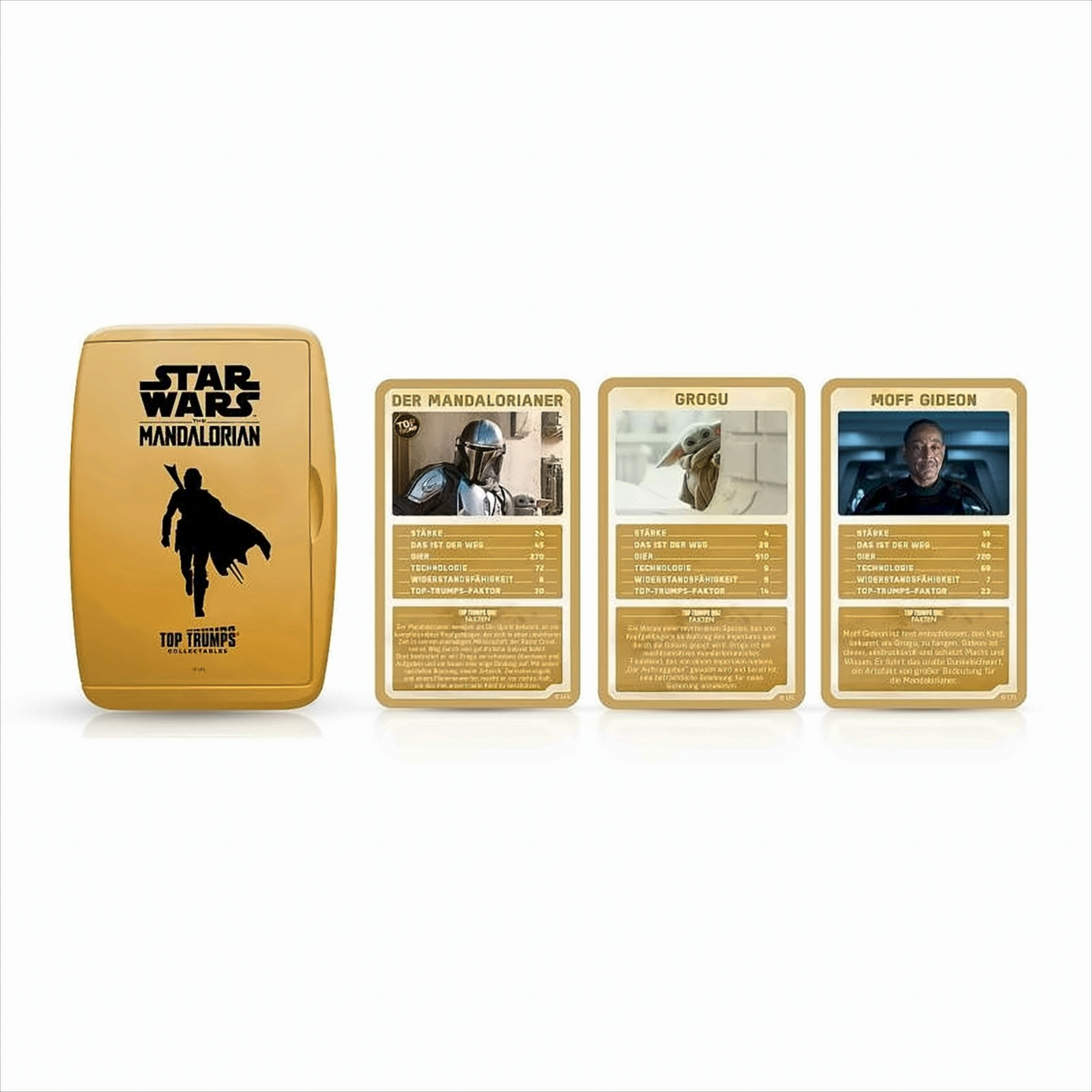 Star Wars Top Trumps Kartenspiel. Ein goldener Koffer, Charakterkarten und Beschreibungen auf Deutsch.