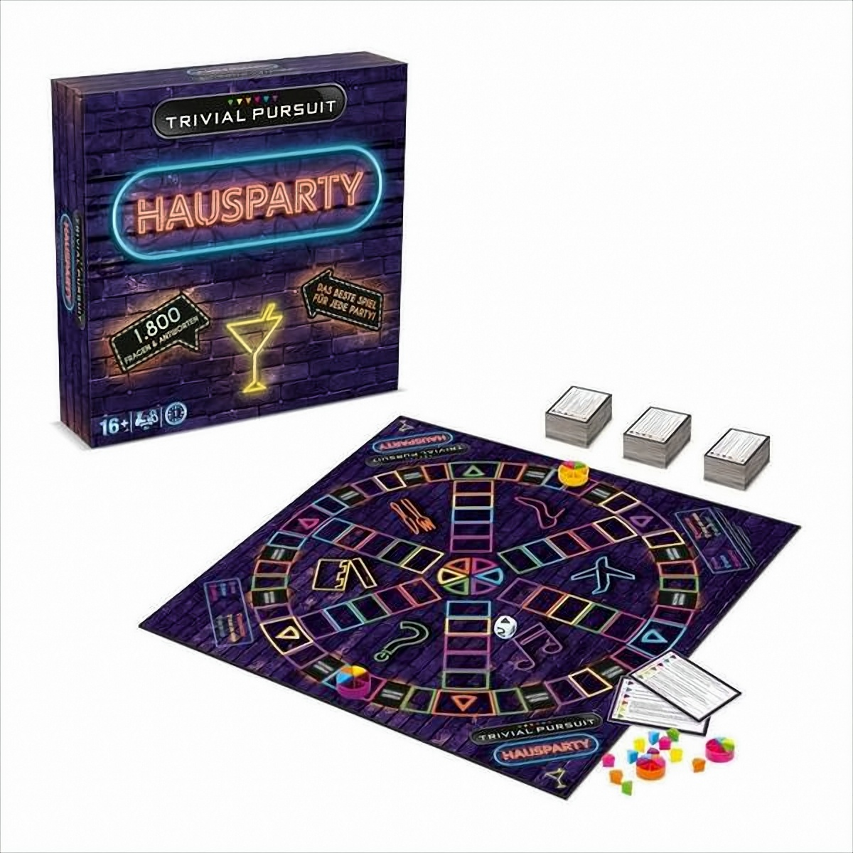 Trivial Pursuit Brettspielbox und Spielsteine.