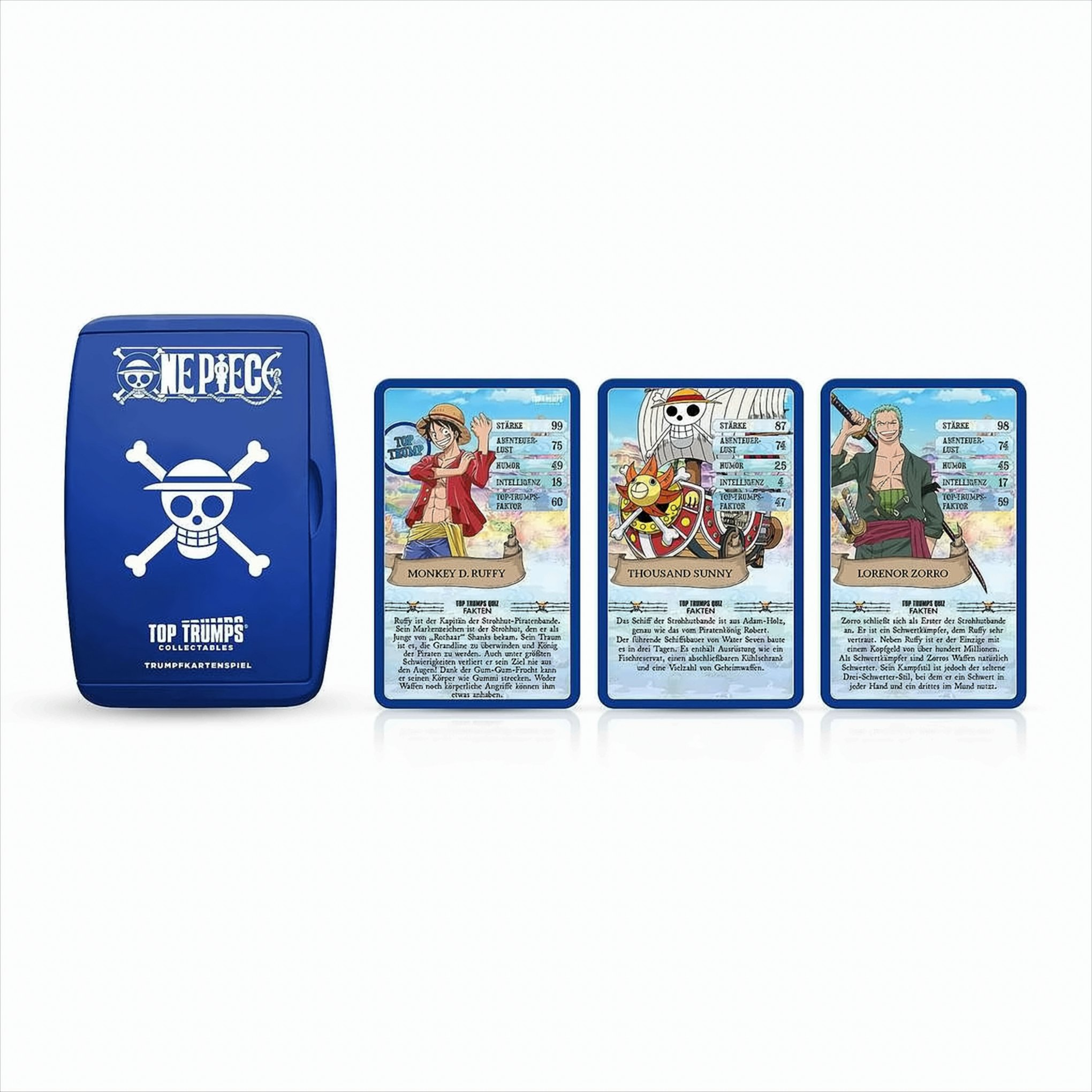 Blaue Top Trumps Kartenspielbox und Karten mit One Piece Charakteren.