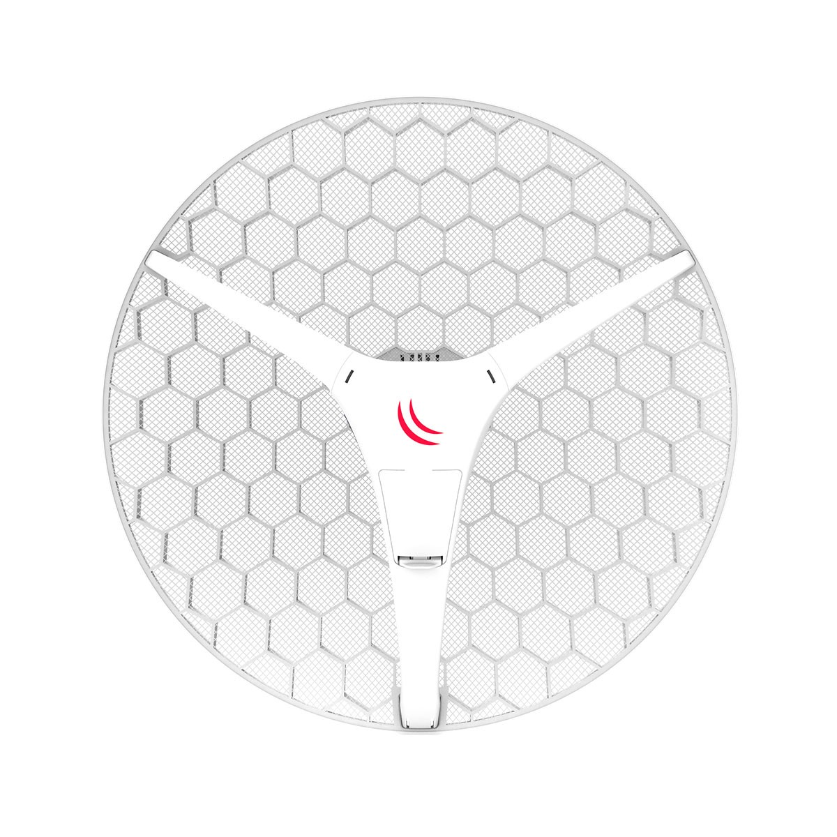Antenna circolare bianca con motivo a nido d'ape e logo.