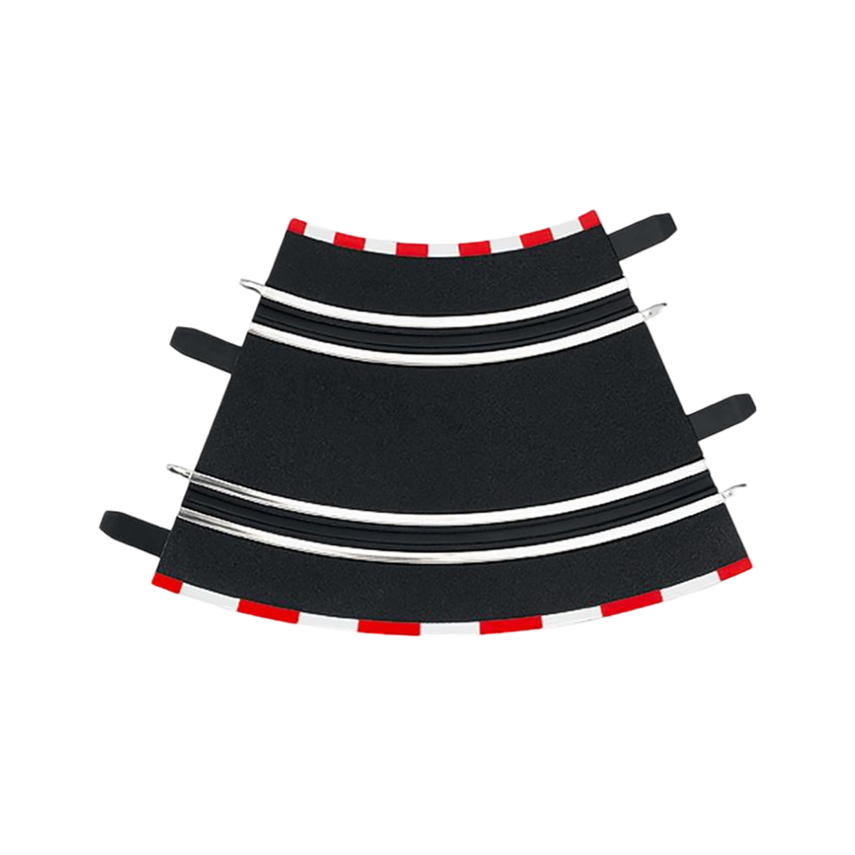 Ein schwarzes Rennstreckensegment mit weißen und roten Streifen auf weißem Hintergrund.