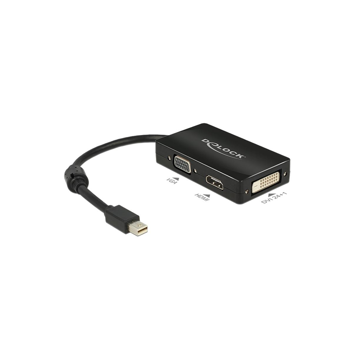 Schwarzer Adapter mit VGA-, HDMI- und DVI-Anschlüssen. Ein kleines Kabel verbindet sich mit dem Gerät.