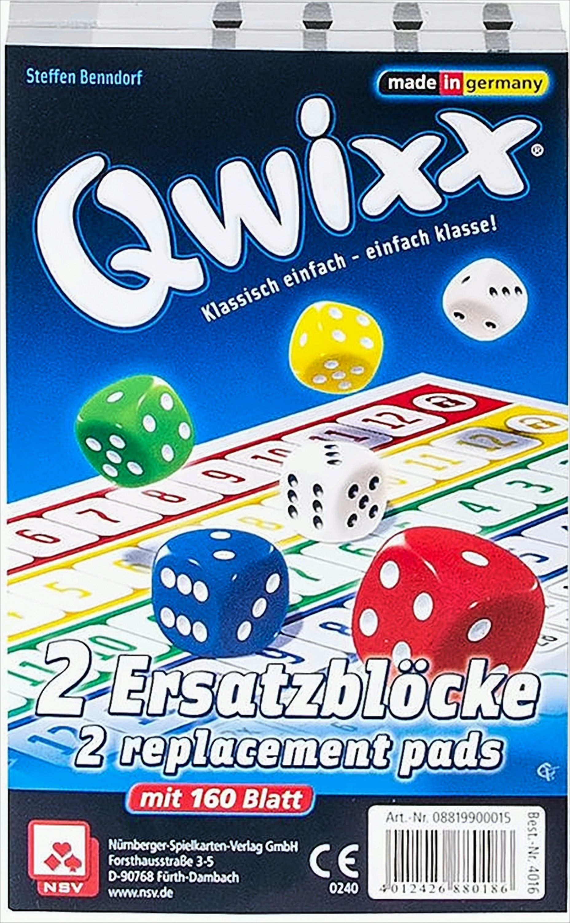 Schachtel eines Brettspiels namens 'Quixx'. Enthält Würfel und einen Papierblock. Die Box ist blauweiß.