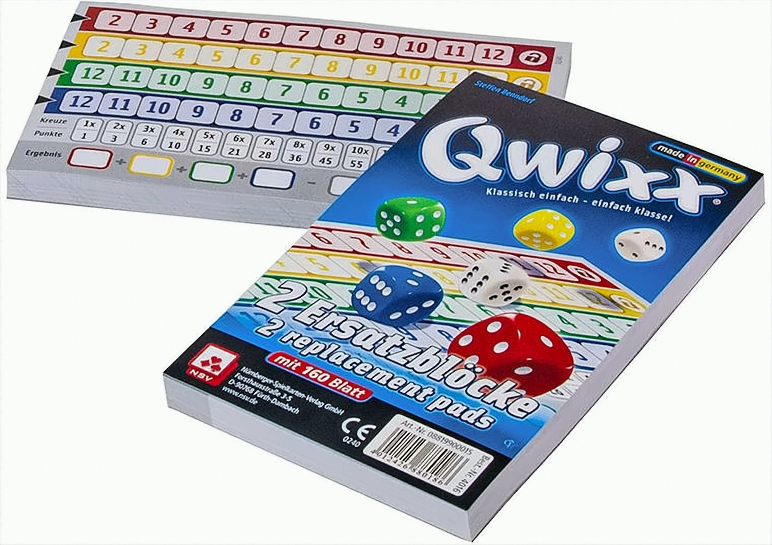 Zwei Packungen eines Brettspiels, die Würfel, Zahlen und Spielblöcke zeigen.