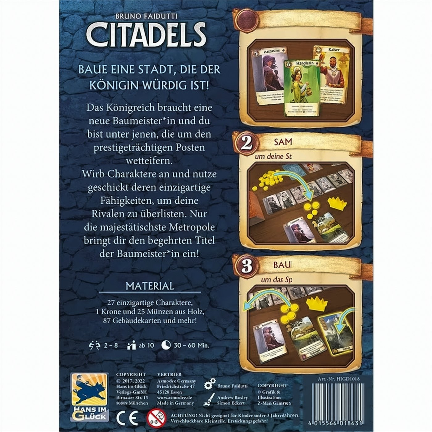 Scatola del gioco da tavolo Citadels. Testo, personaggi ed elementi del tabellone. Design colorato.
