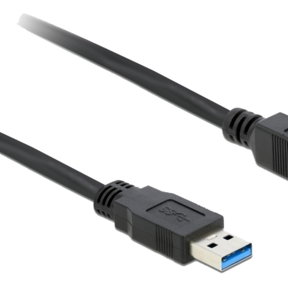 Een zwarte USB-kabel met een USB-A-connector en een USB-B-connector. De kabel is gebogen.