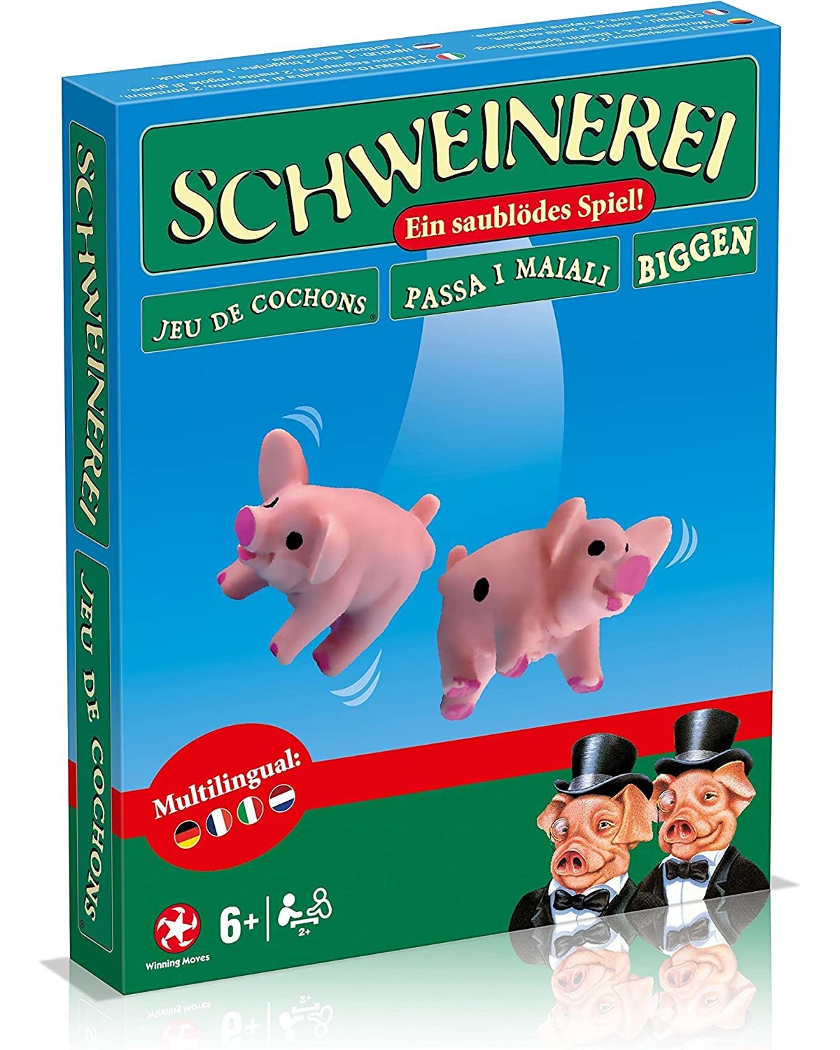Eine Box mit zwei Schweinchenfiguren. Die Box hat Text in mehreren Sprachen und ein Cartoon-Schwein.