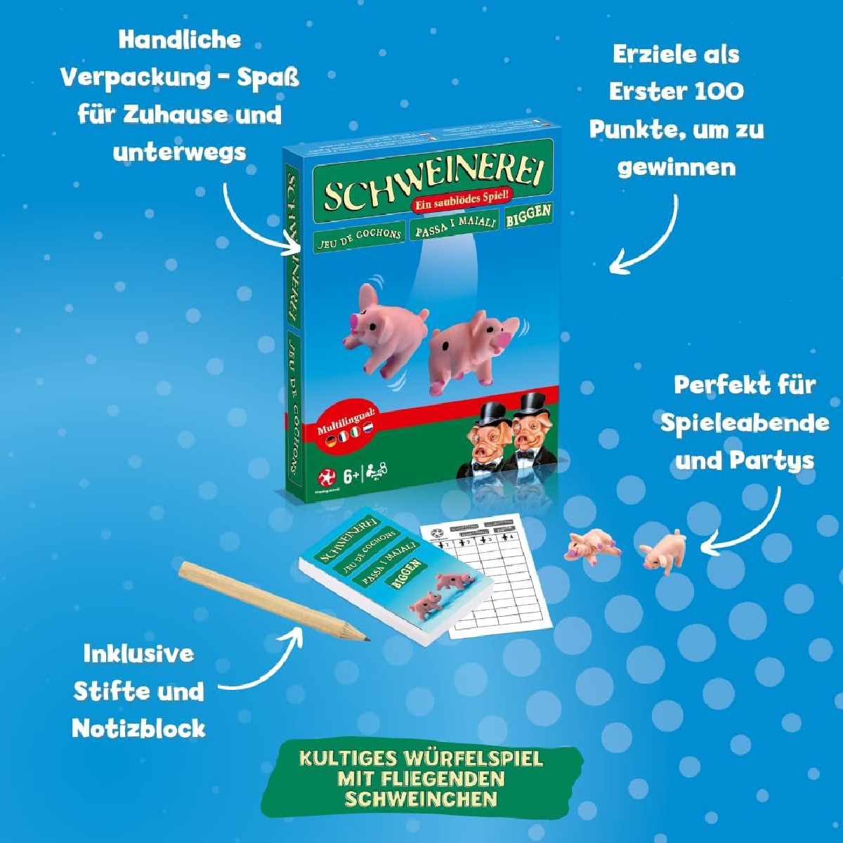 Brettspielbox mit Cartoon-Schweinen. Enthält Spielsteine, Stifte und Spielkarten.