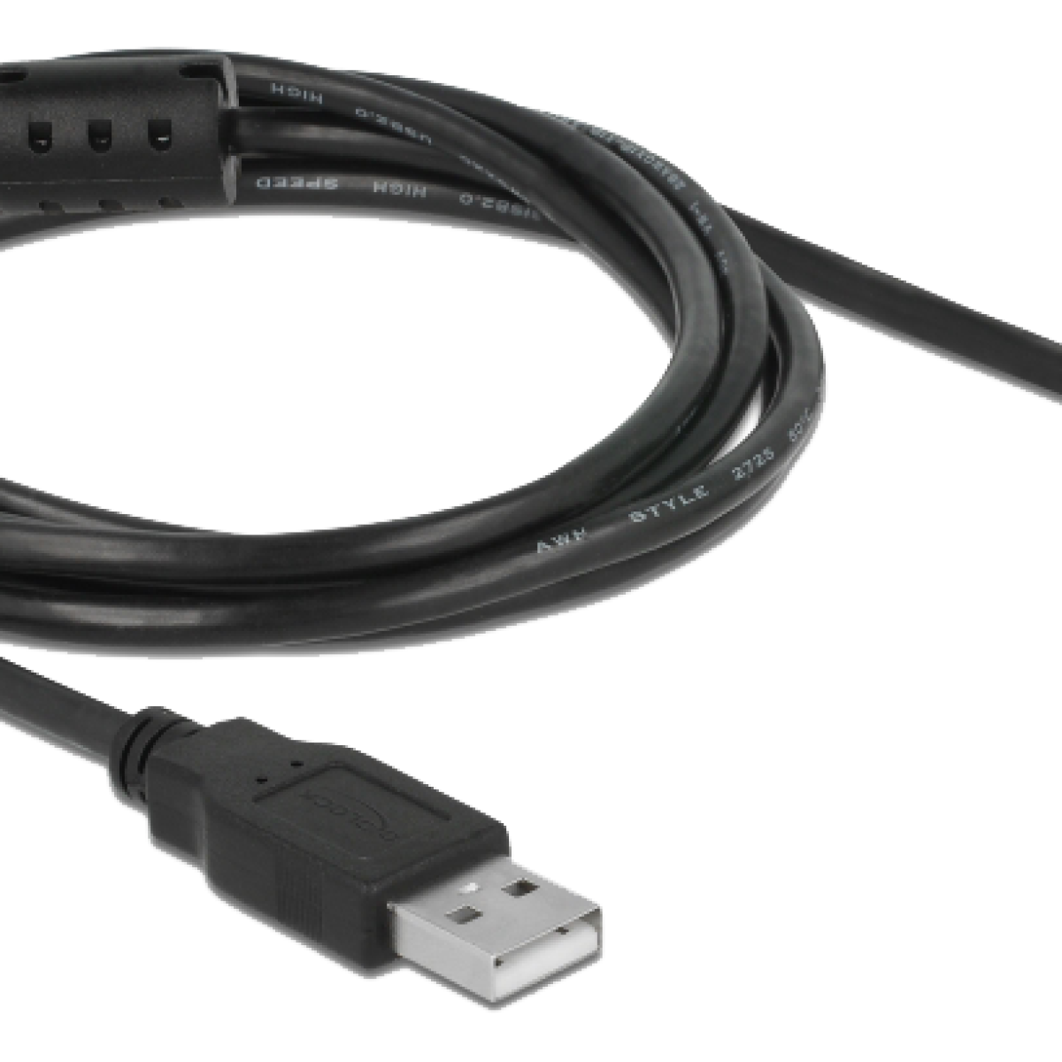 USB-kabel. De kabel is zwart en heeft een USB-A-connector en een mannelijke connector.