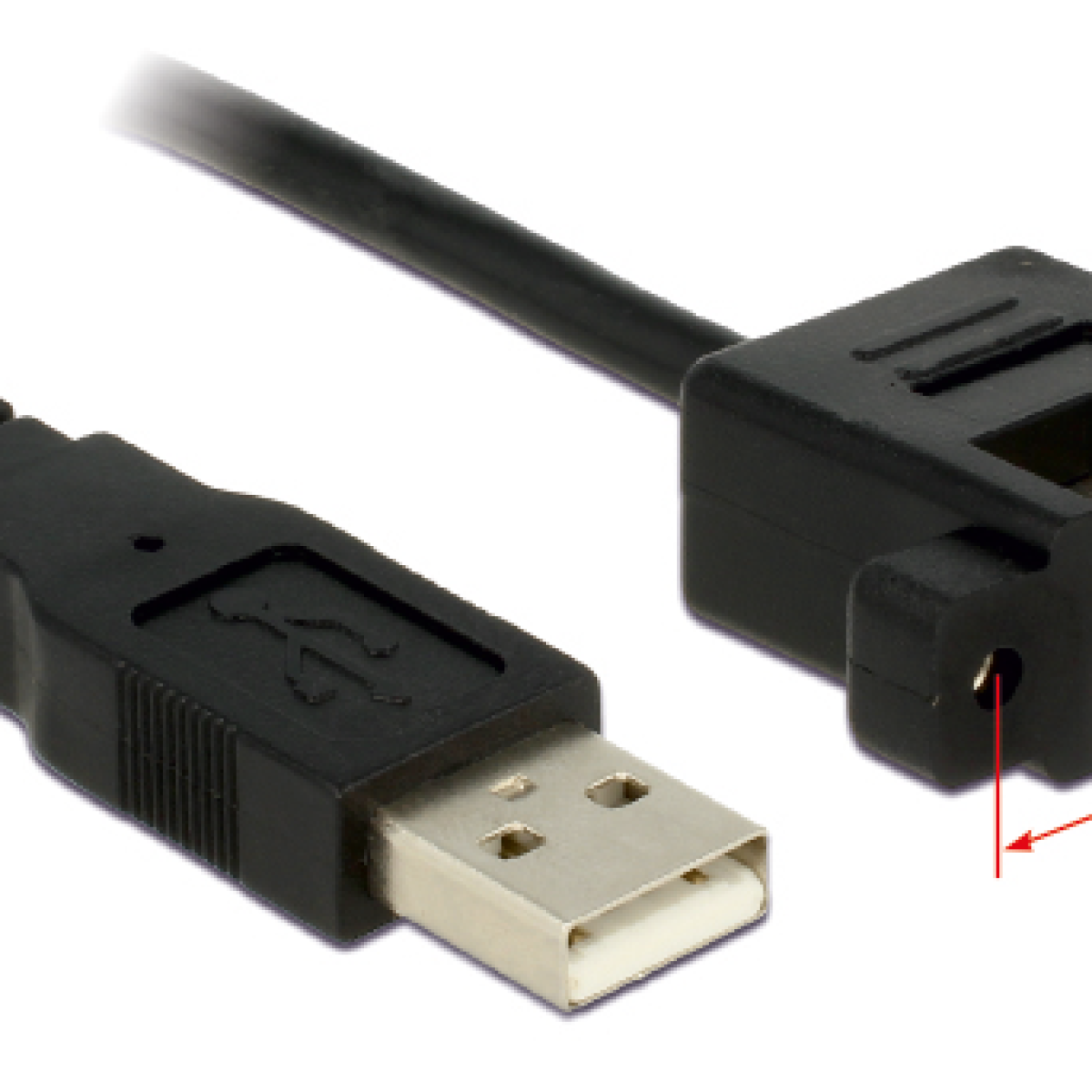 Zwarte USB-kabel met een USB-A-connector en een zwarte connector.