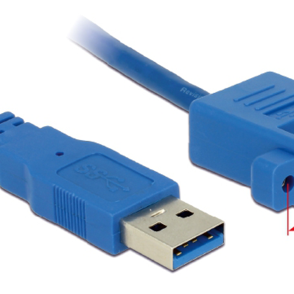 Niebieski kabel USB ze złączem USB-A i złączem USB-B. Kabel jest zakrzywiony.