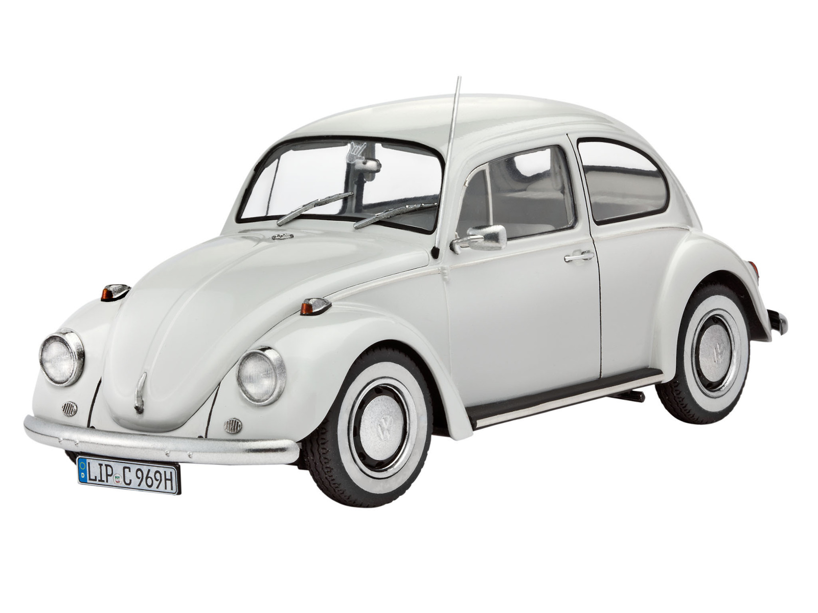 Voiture Volkswagen Beetle blanche. Vue de face, sur fond blanc. Plaque d'immatriculation visible.