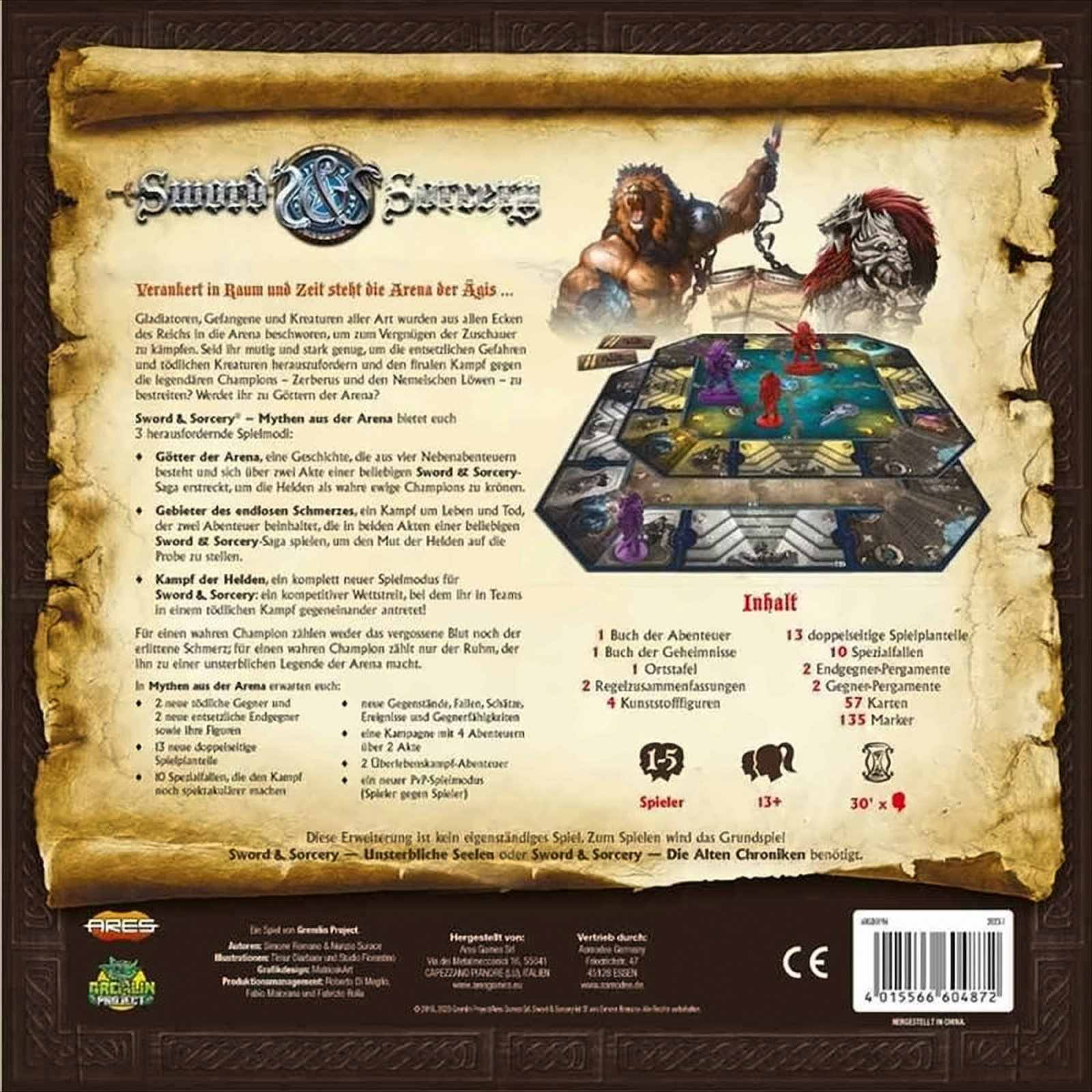 Rückseite der Brettspielbox, Text auf Deutsch. Enthält Krieger und einen Drachen.