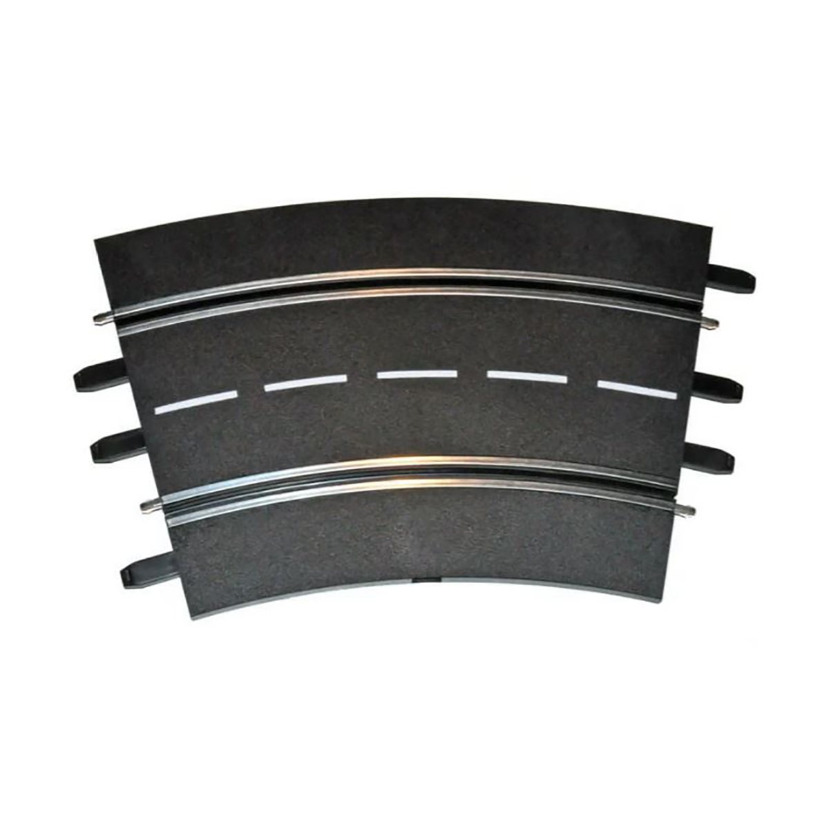 Pezzo di pista per auto slot curvo nero e grigio con linee tratteggiate bianche. Due scanalature parallele visibili.