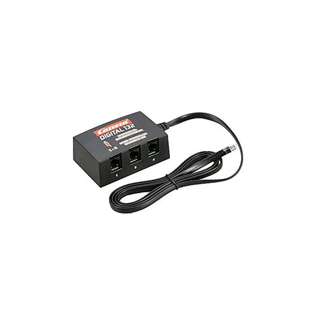 Unità di controllo Carrera DIGITAL 132 nera con tre porte e cavo, su sfondo bianco.