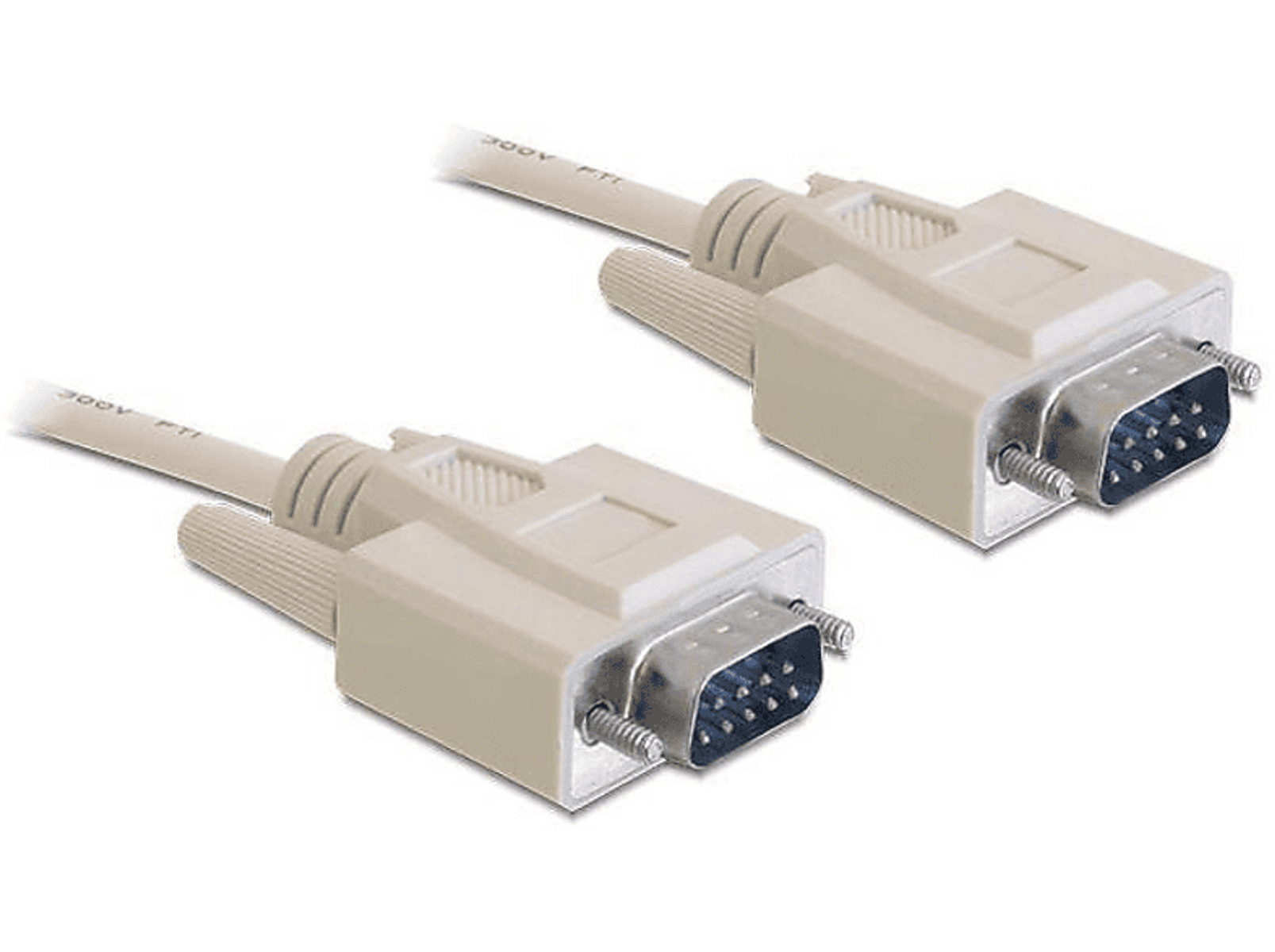 Due connettori DB9 beige con cavi. Hanno viti e pin. Lo sfondo è nero.