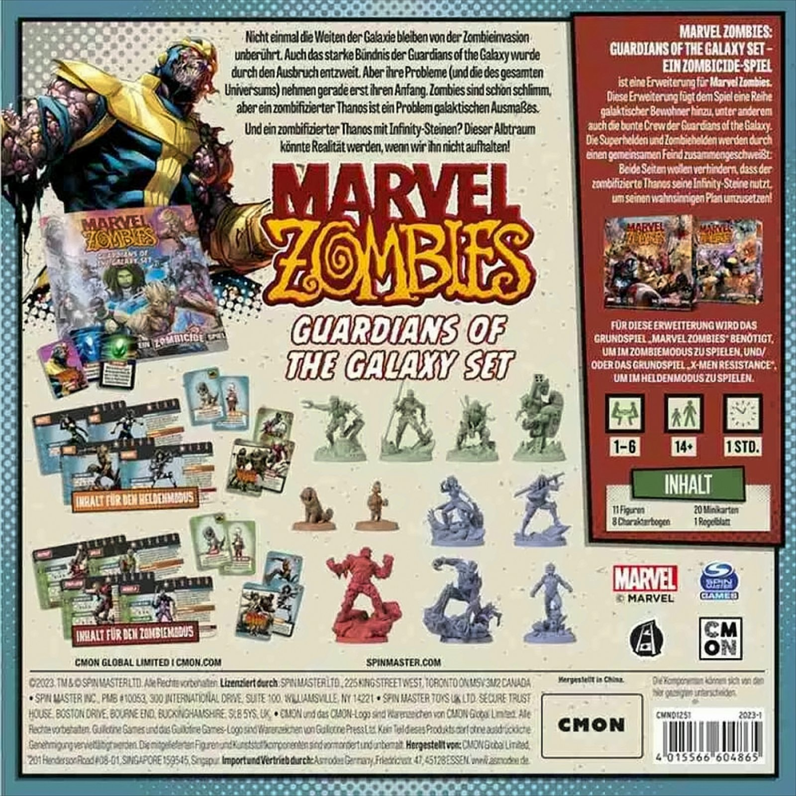 Rückseite einer Brettspielbox mit Charakterbildern und Text in verschiedenen Sprachen.