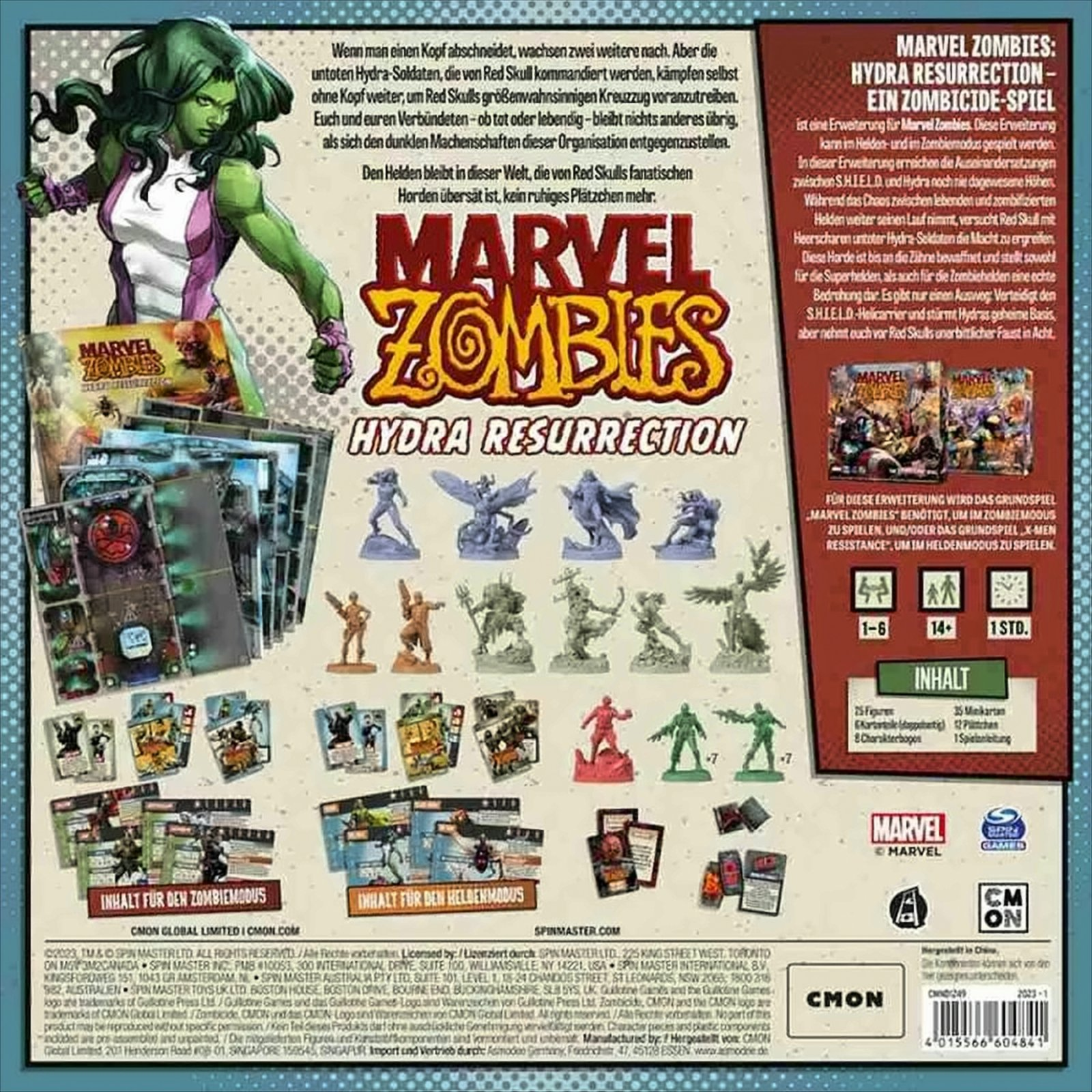 Rückseite der Marvel Zombies Spielbox. Bilder von Charakteren und Gameplay. Englischer und deutscher Text. Weißer Hintergrund.