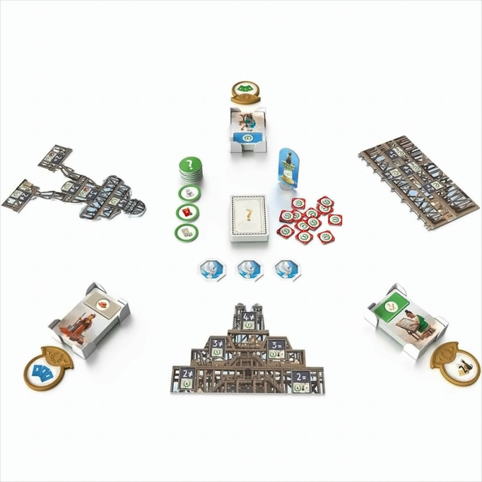 Configurazione del gioco da tavolo con carte, edifici e gettoni.