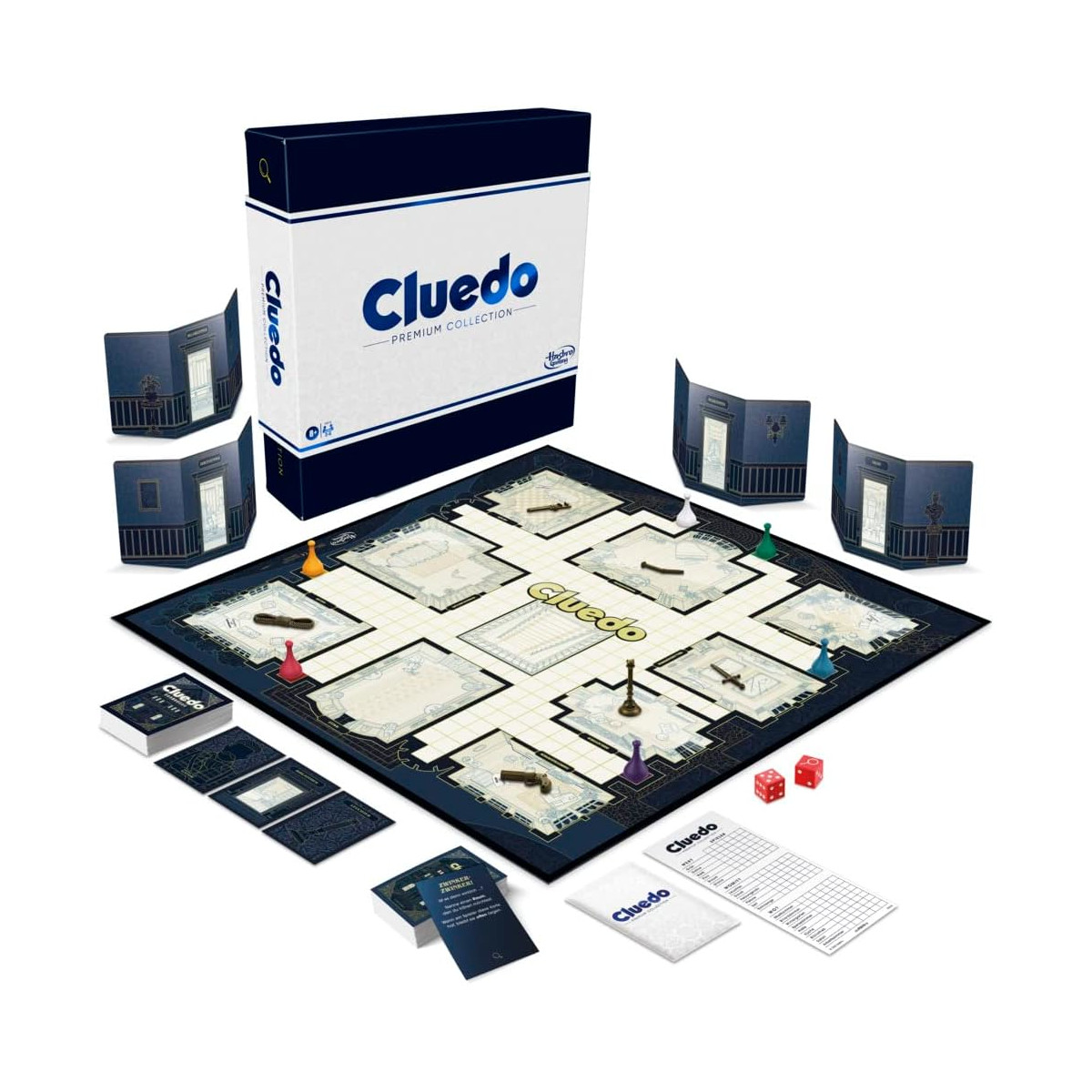 Cluedo Brettspiel-Set, mit Spielbrett, Karten, Würfeln und Spielfiguren. Die Box ist im Hintergrund.