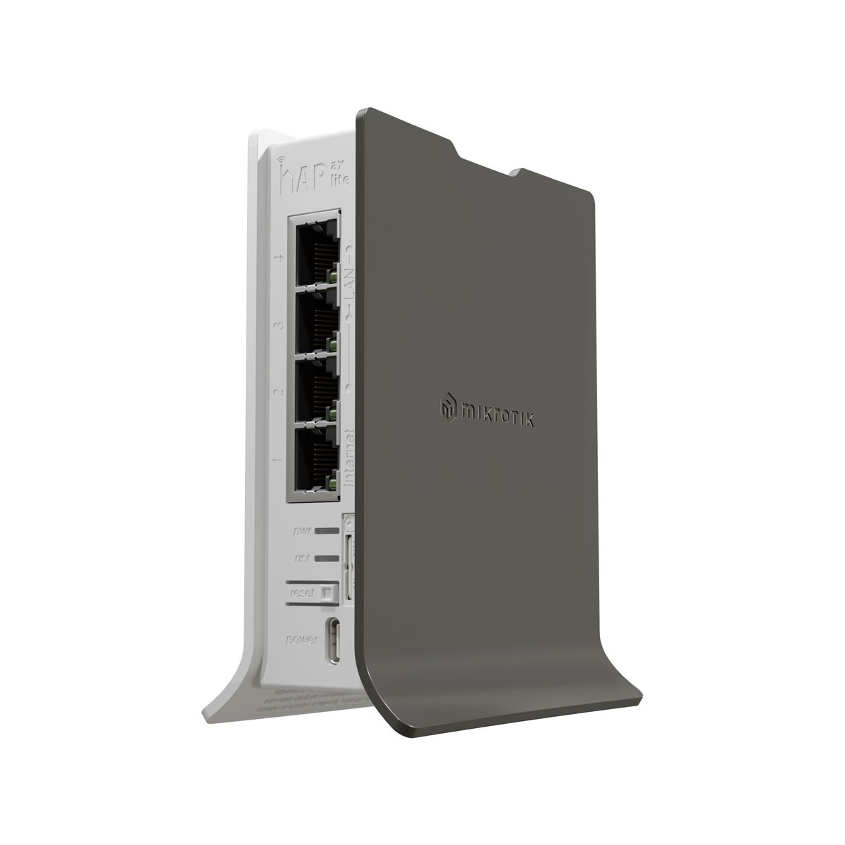 Router Mikrotik bianco e grigio con porte e una copertura. La copertura ha un logo.