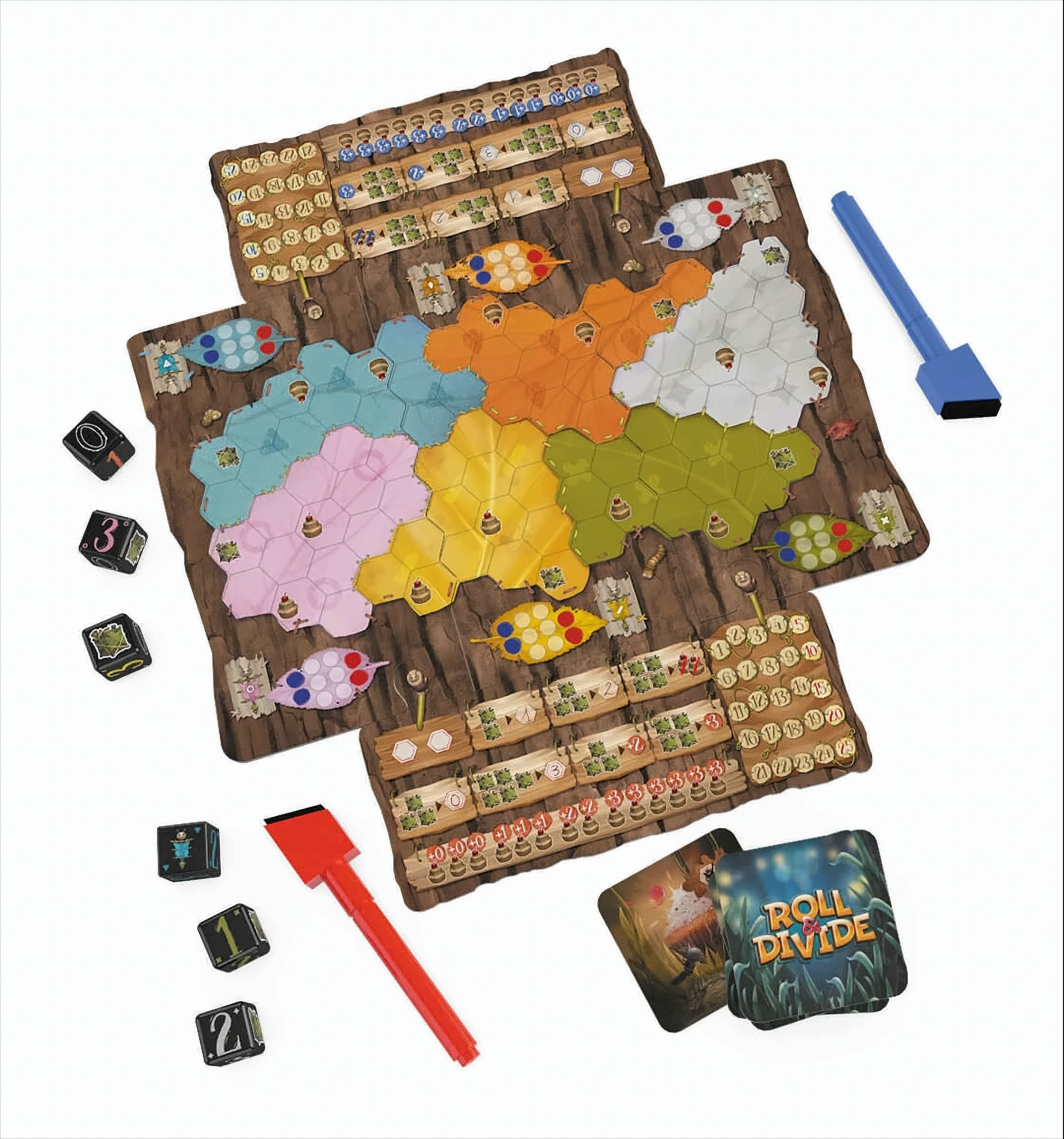 Ein Brettspiel mit bunten sechseckigen Kacheln und verschiedenen Spielsteinen auf weißem Hintergrund.