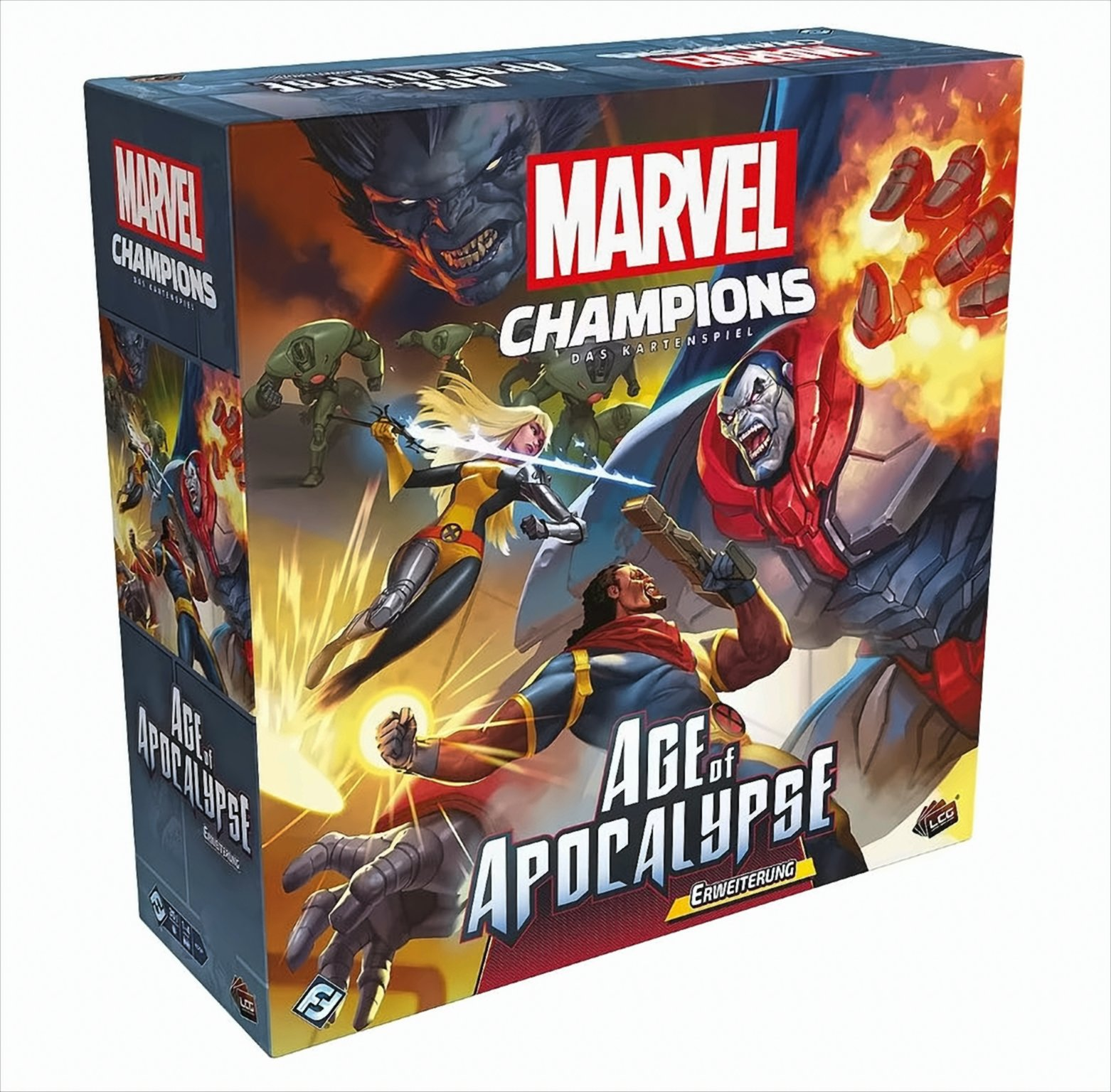 Marvel Champions Spielebox. Zeigt Superhelden und den Spielnamen. Die Box ist bunt.