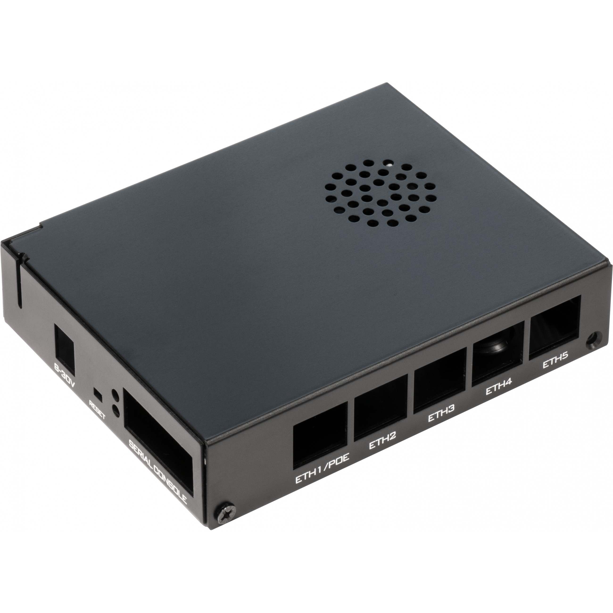 Dispositivo nero con porte etichettate ETH1/POE, ETH2, ETH3, ETH4, ETH5 e un pulsante di ripristino.