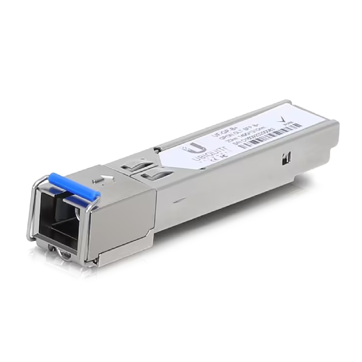 Dispositivo di rete argentato con clip blu ed etichetta.