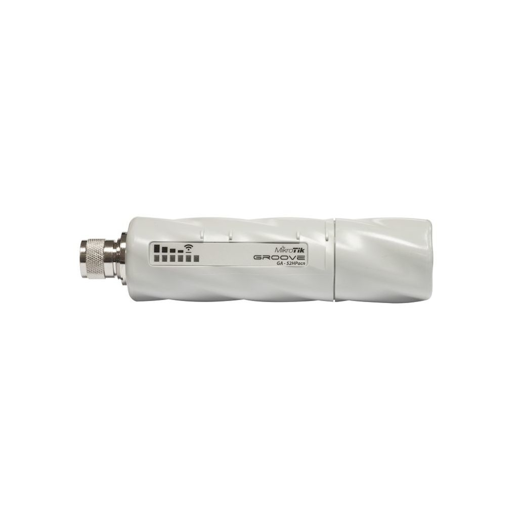 Router MicroTik cilindrico bianco con connettore antenna e indicatori di stato.