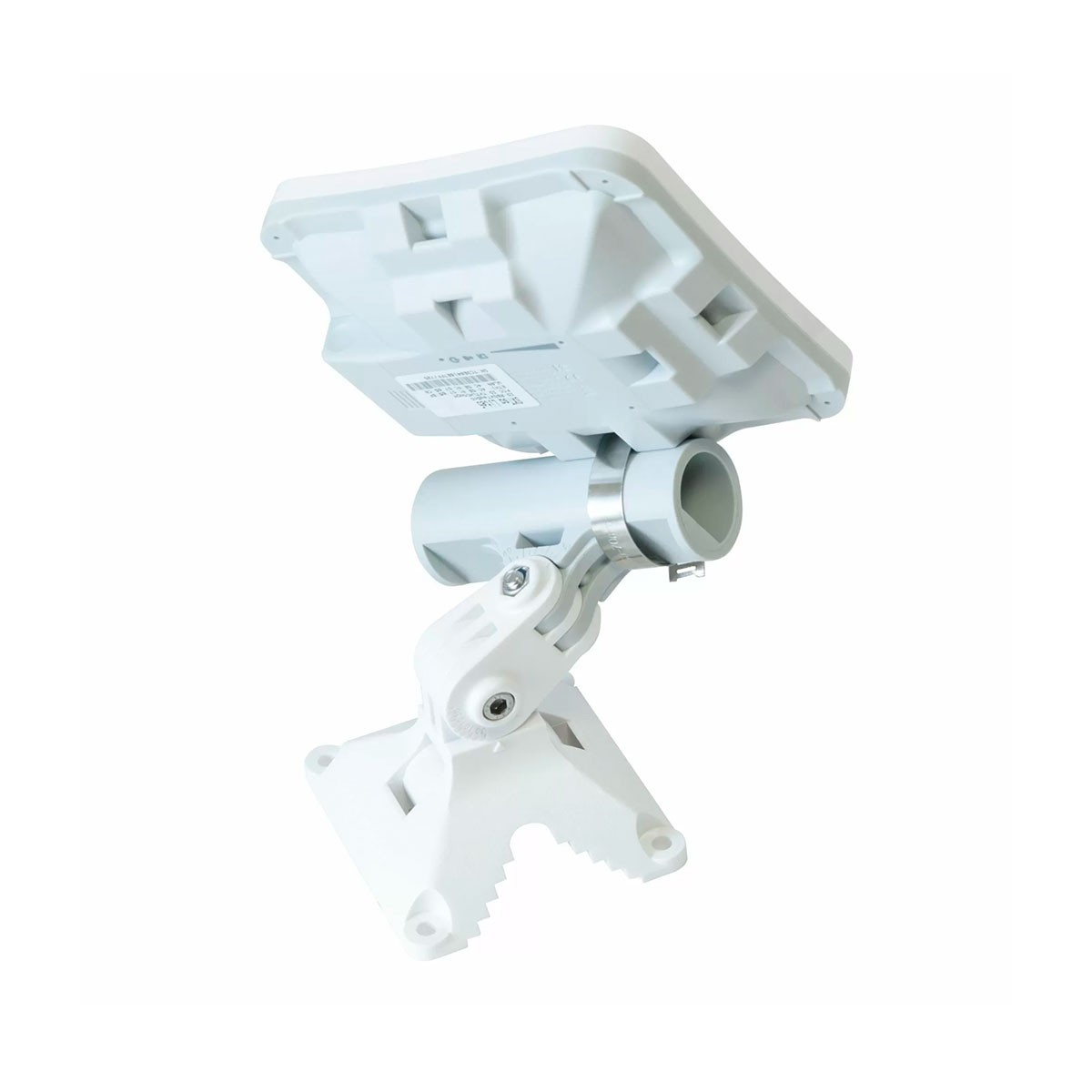 Biały bezprzewodowy punkt dostępu, zamontowany na ścianie. Posiada antenę kierunkową.