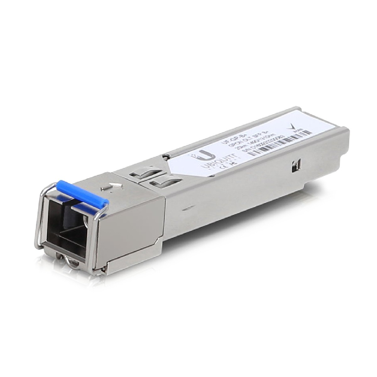 Un modulo SFP argento con connettore blu ed etichetta Ubiquiti.