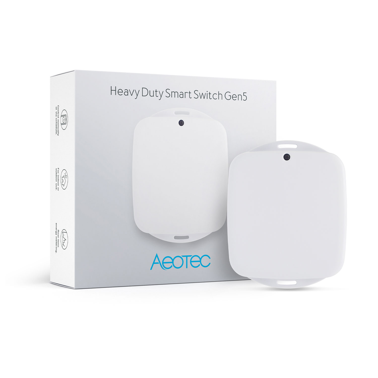 Weiße Box mit zwei weißen rechteckigen Geräten. Text auf der Box lautet 'Heavy Duty Smart Switch'.
