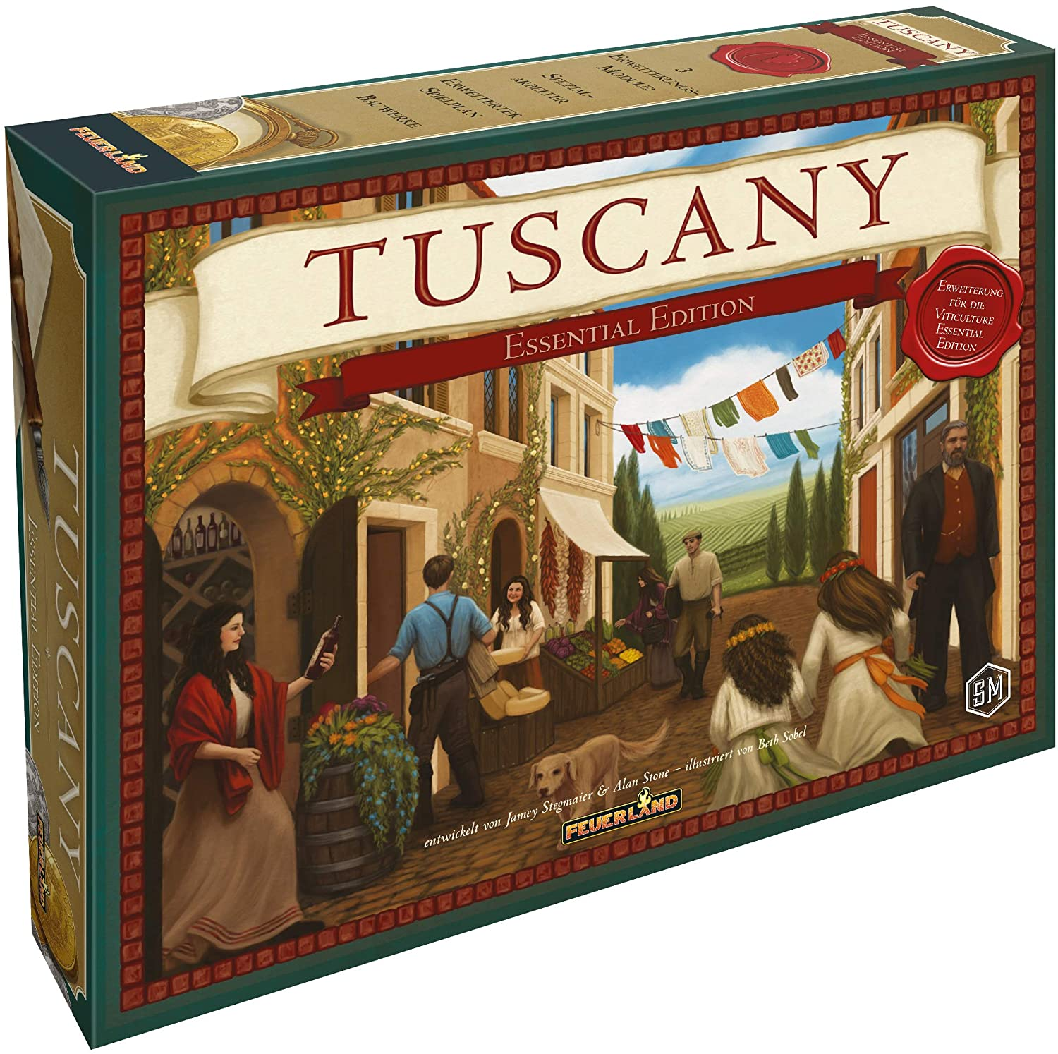 Tuscany Brettspielbox, mit Illustrationen einer toskanischen Dorfszene.