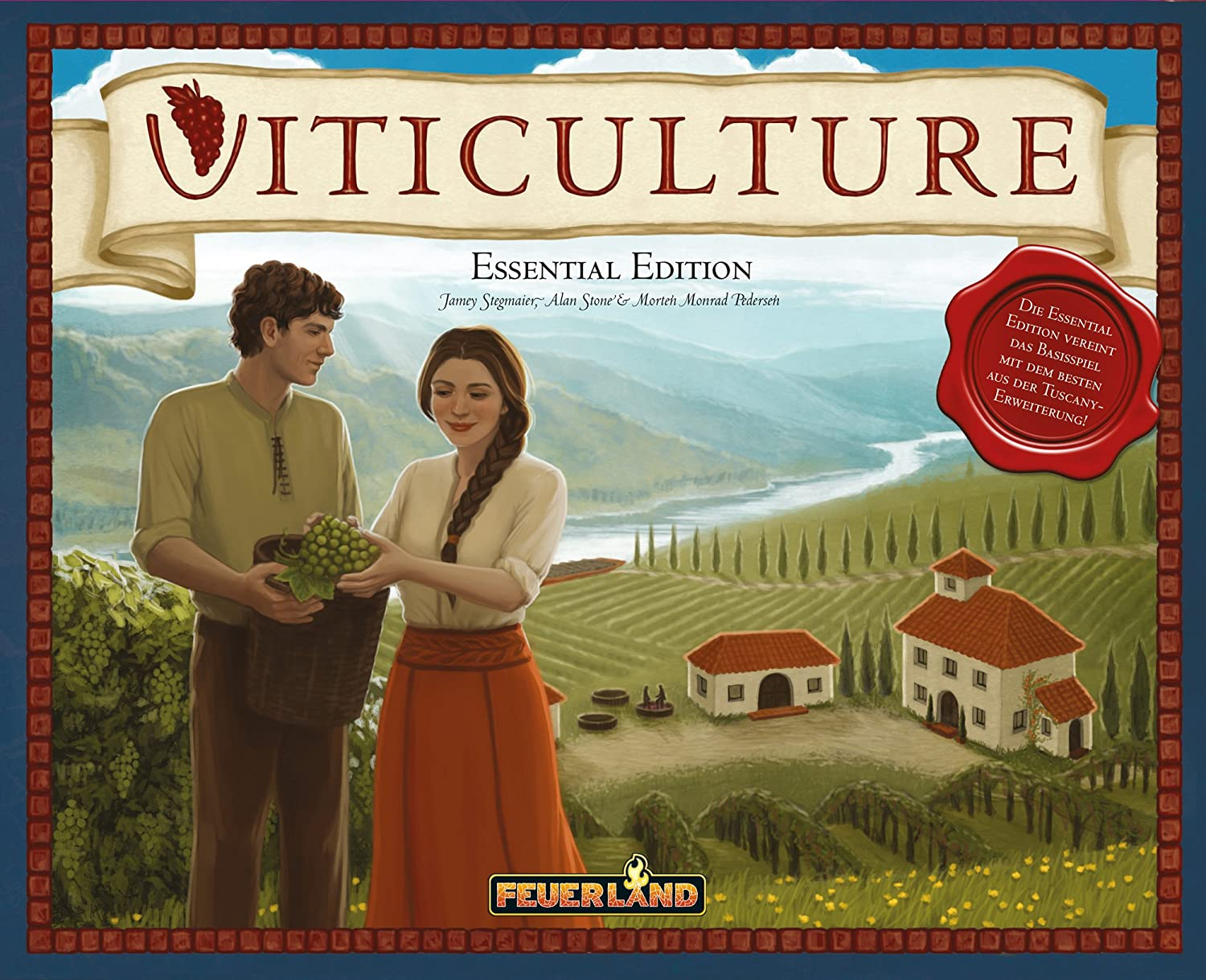 Viticulture Brettspielbox. Ein Paar pflegt Trauben. Landschaftlicher Hintergrund.