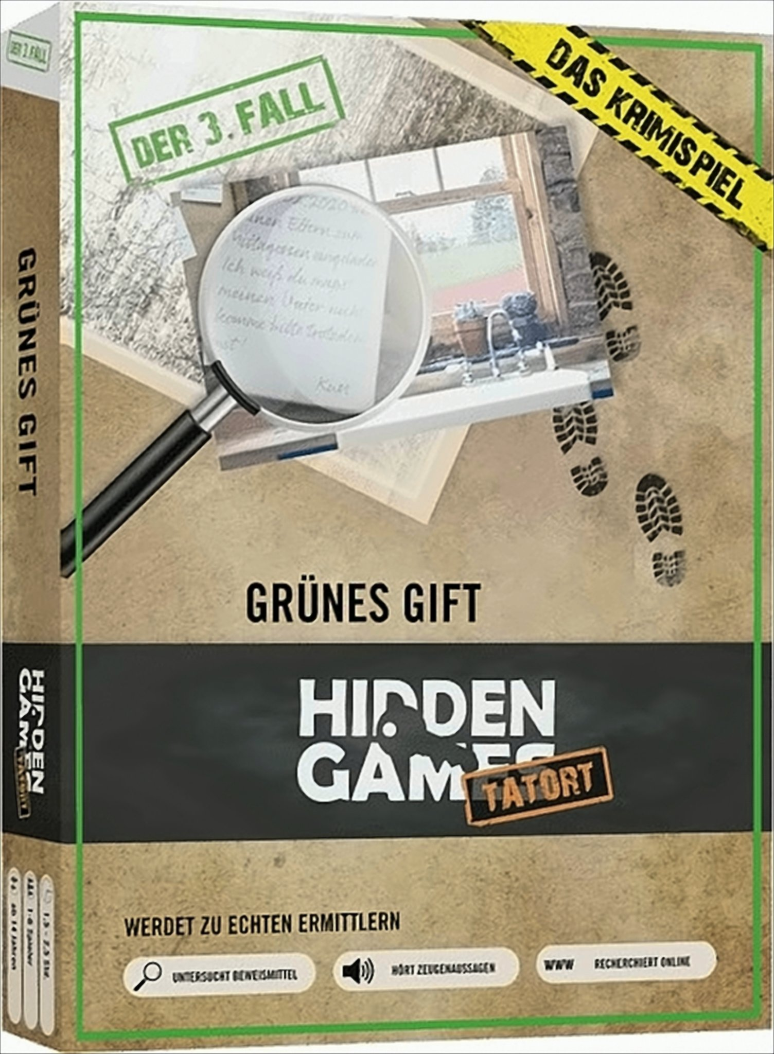 Schachtel eines Spiels mit dem Titel 'Grünes Gift' mit einer Lupe über einem Text und Fußabdrücken.