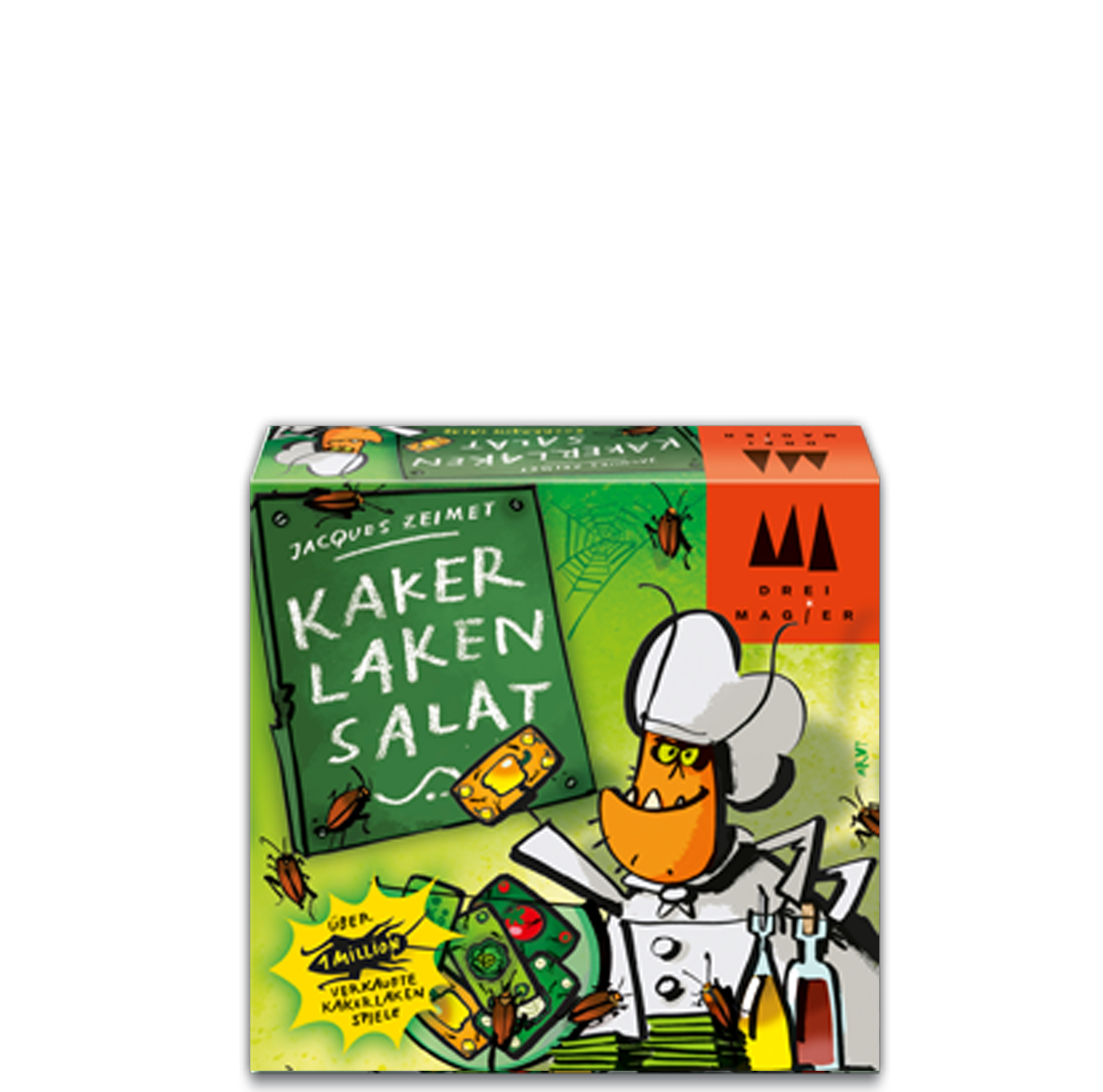 Eine Spielbox mit einem Koch. Der Spieletitel lautet 'Kakerlakensalat' mit Kakerlaken.