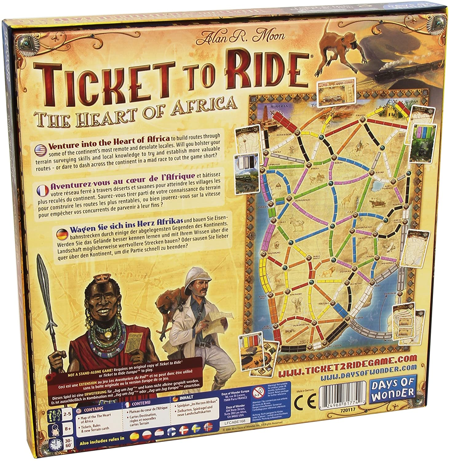 Tył pudełka Ticket to Ride. Mapa Afryki, elementy gry i zdjęcia graczy. Temat gry planszowej.