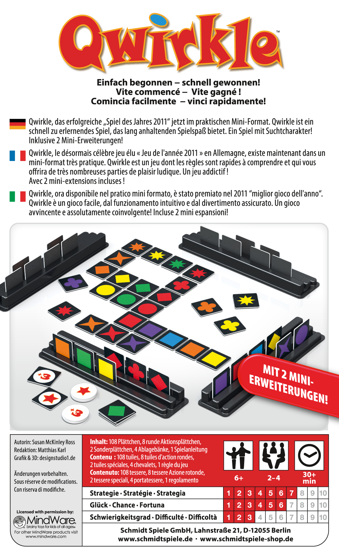 Tył pudełka gry planszowej Qwirkle. Zawiera elementy gry, tekst w wielu językach i informacje o grze.