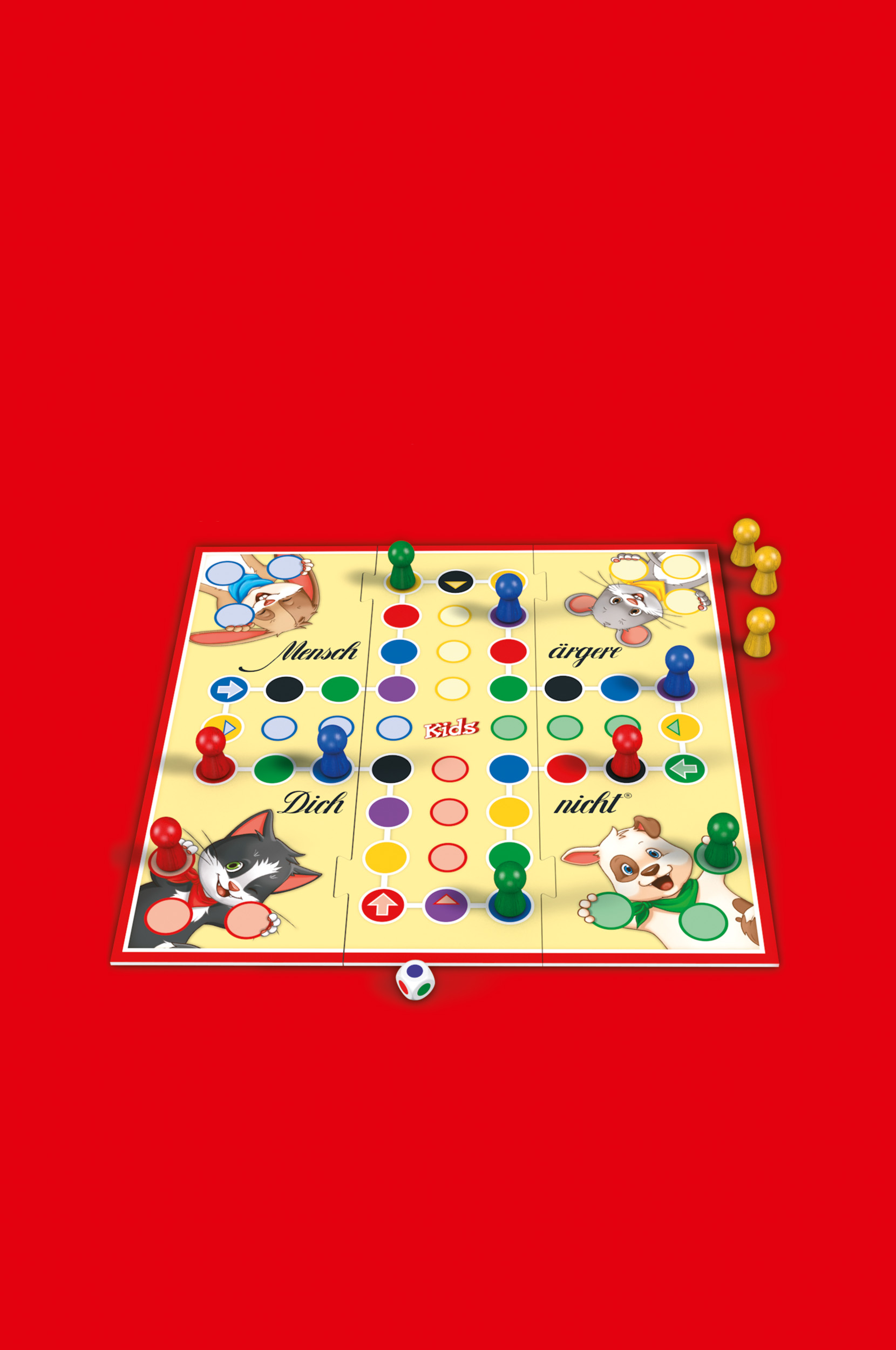 Brettspiel mit rotem Hintergrund, mit Spielbrett und Spielfiguren.