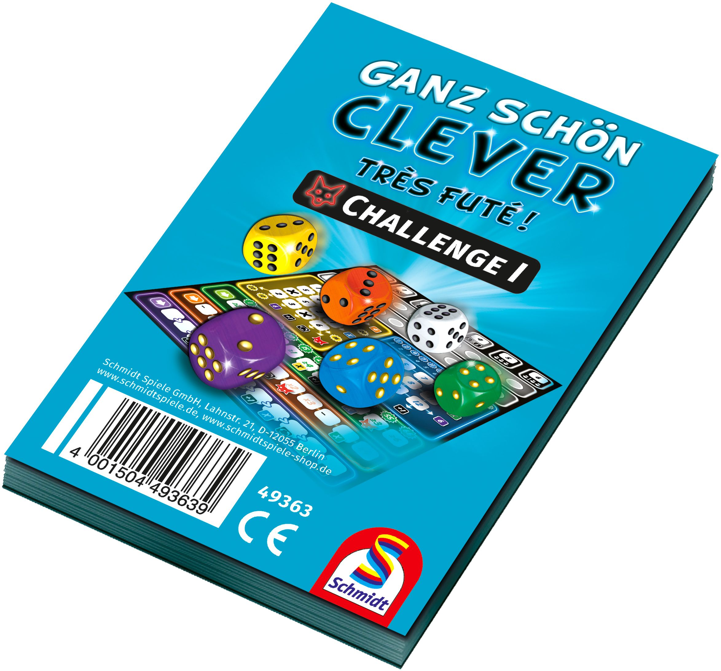 Brettspielbox, Ganz Schön Clever. Die Würfel sind gelb, orange, lila, blau und grün.