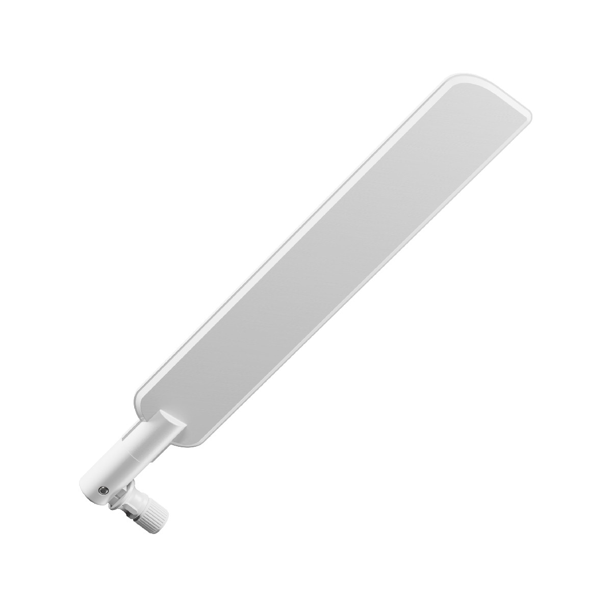 Antenna bianca, forma rettangolare, con un connettore in basso, isolata su sfondo bianco.
