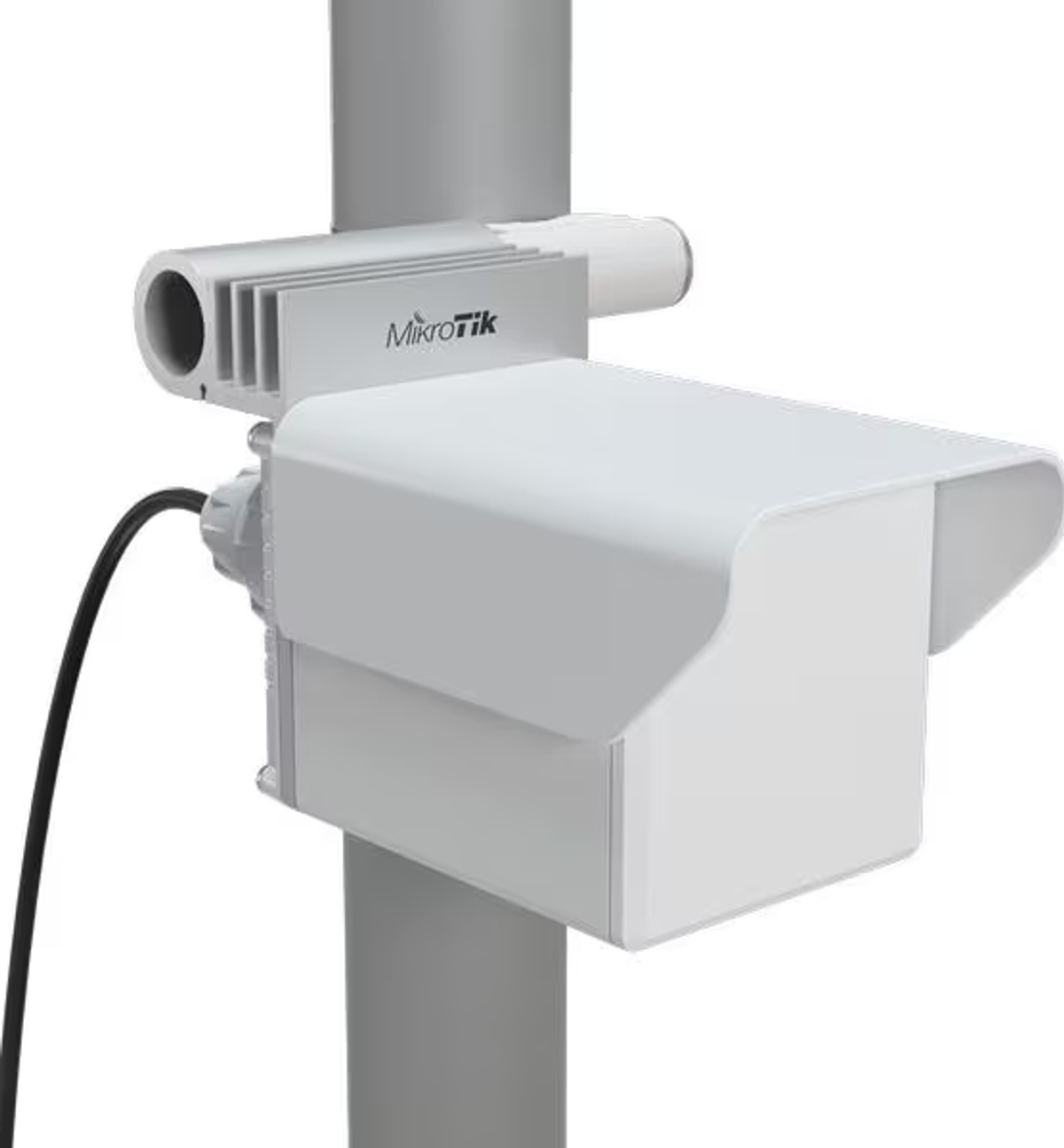 Una cámara de seguridad blanca montada en un poste gris con un cable negro.
