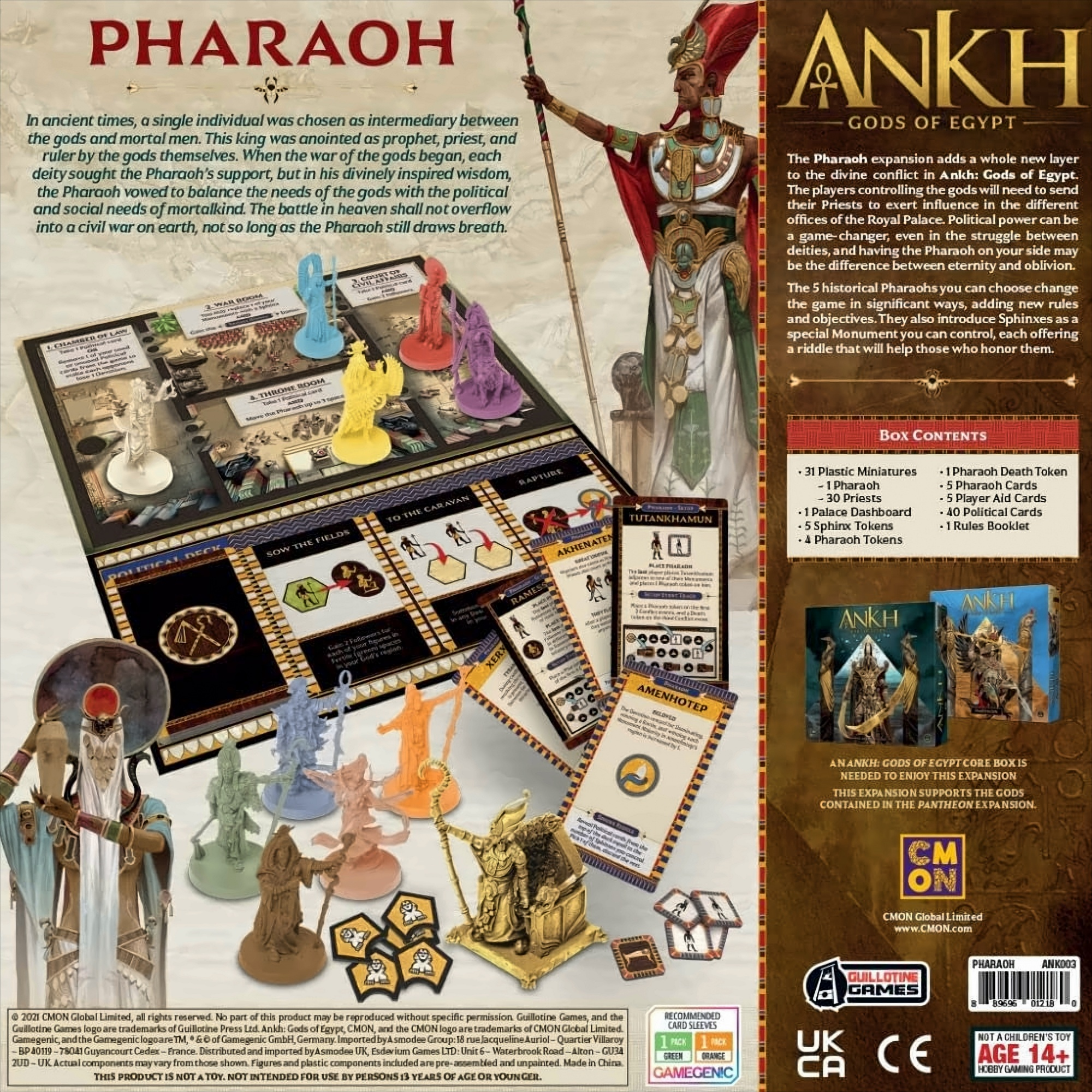 Box-Art eines Brettspiels, 'Pharaoh'. Enthält Kunstwerke des alten Ägypten.
