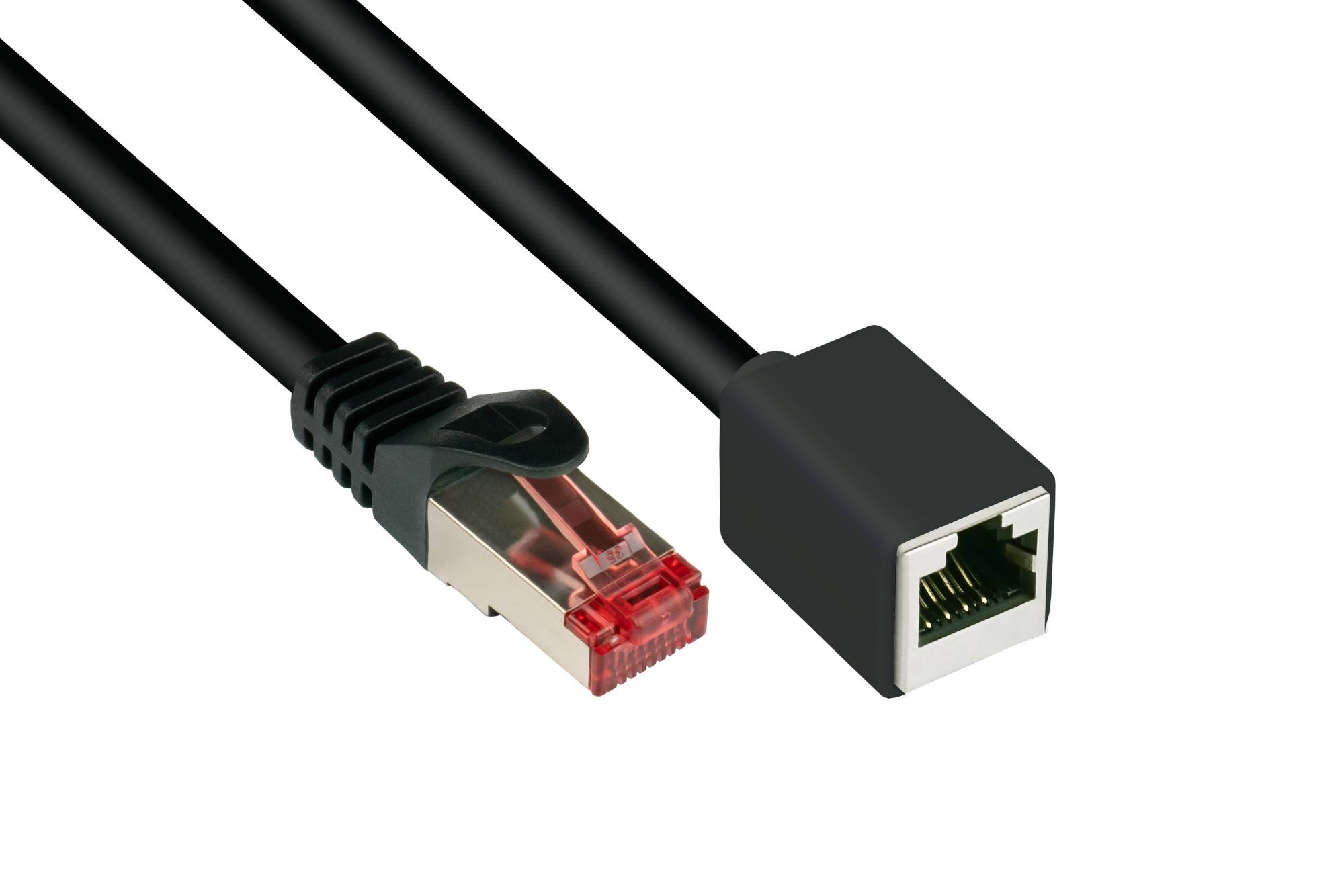 Czarny kabel Ethernet z czarną wtyczką i czerwoną i srebrną wtyczką.