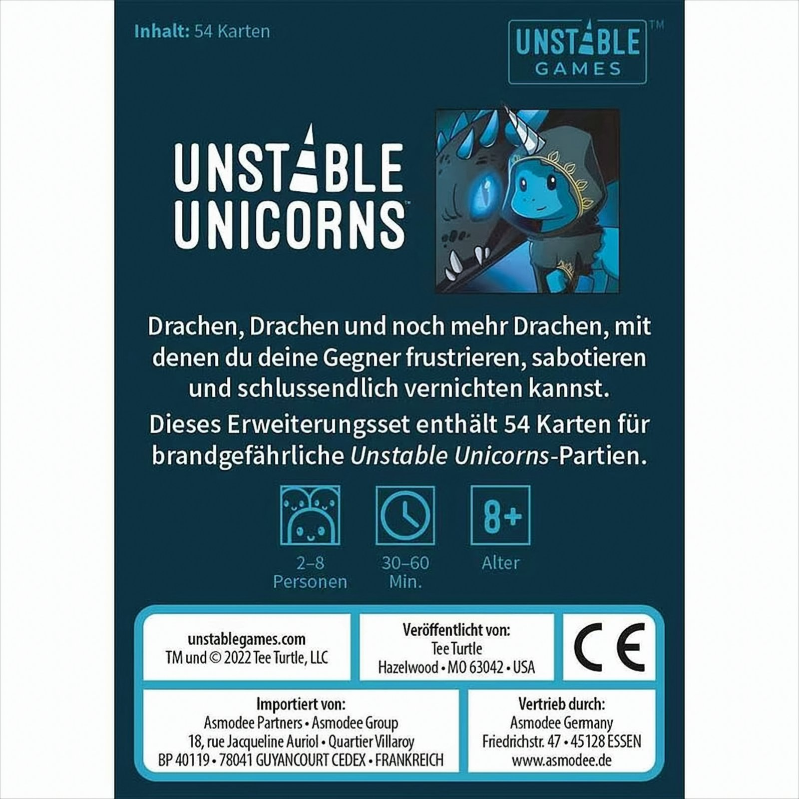 Kartenspielbox mit Text und Bildern. Enthält Text auf Deutsch und ein Einhorn-Bild.