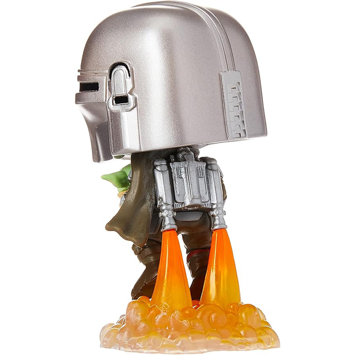 Una figura del Mandaloriano con Grogu. La figura ha un elmo argentato, un jetpack e Grogu che sbuca. Fiamme arancioni eruttano dalla base.